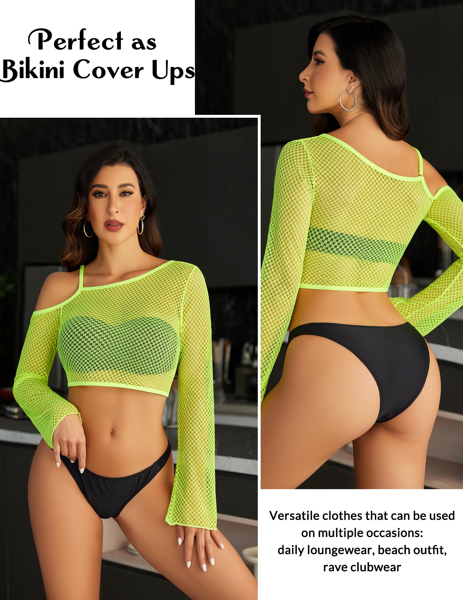 Avidlove Mesh Crop Tops for Women Long Sleeve Fishnet Shirt See Through Tops Rave Outfits Party Clubwear: Neon Green Small