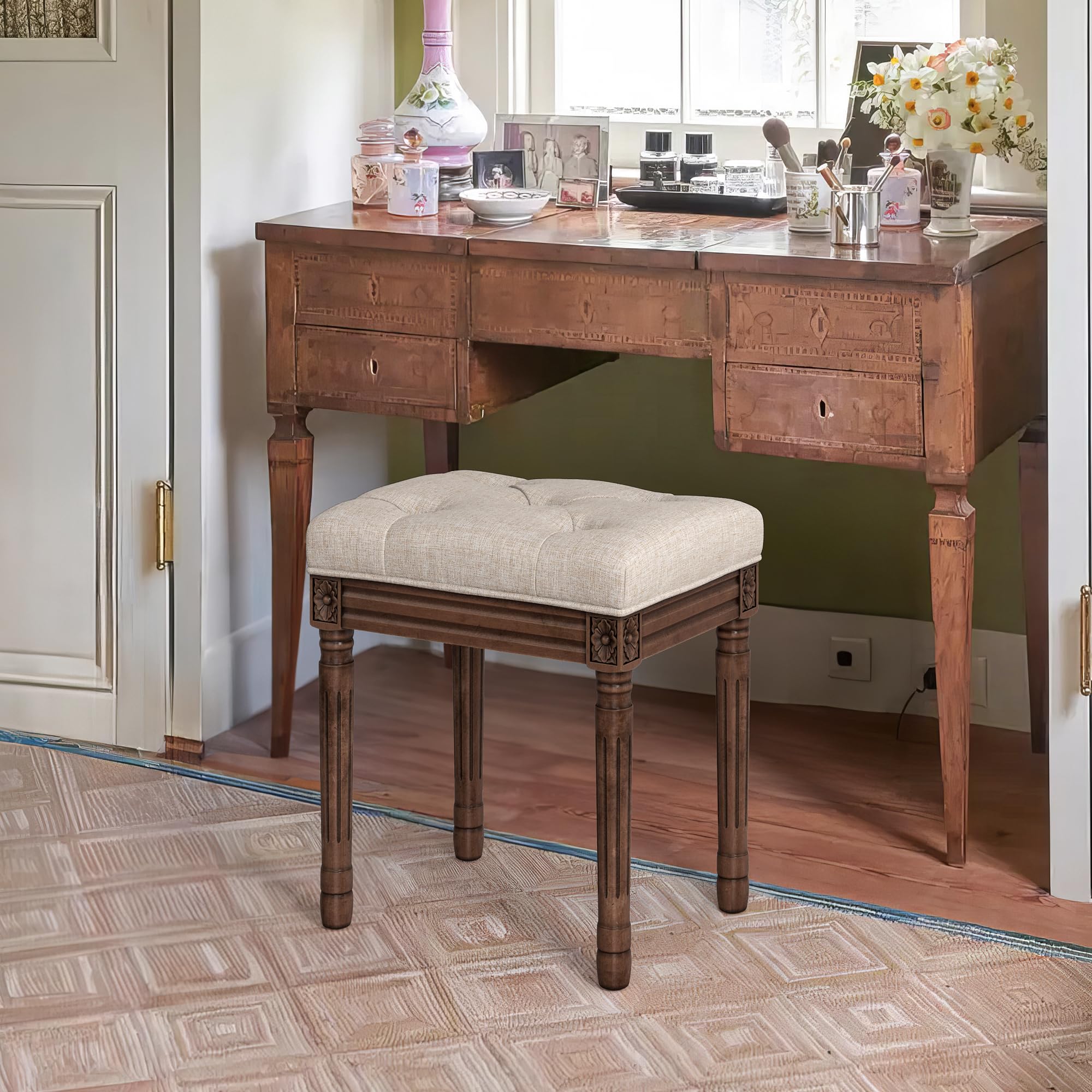 LUE BONA Upholstered Fabric Vanity Bench Seat, Makeup Stools for Vanity, Square Tufted Ottoman Bench with Carved Wood Color Legs for Bedroom Living Room, Beige: Linen Color-dark Brown
