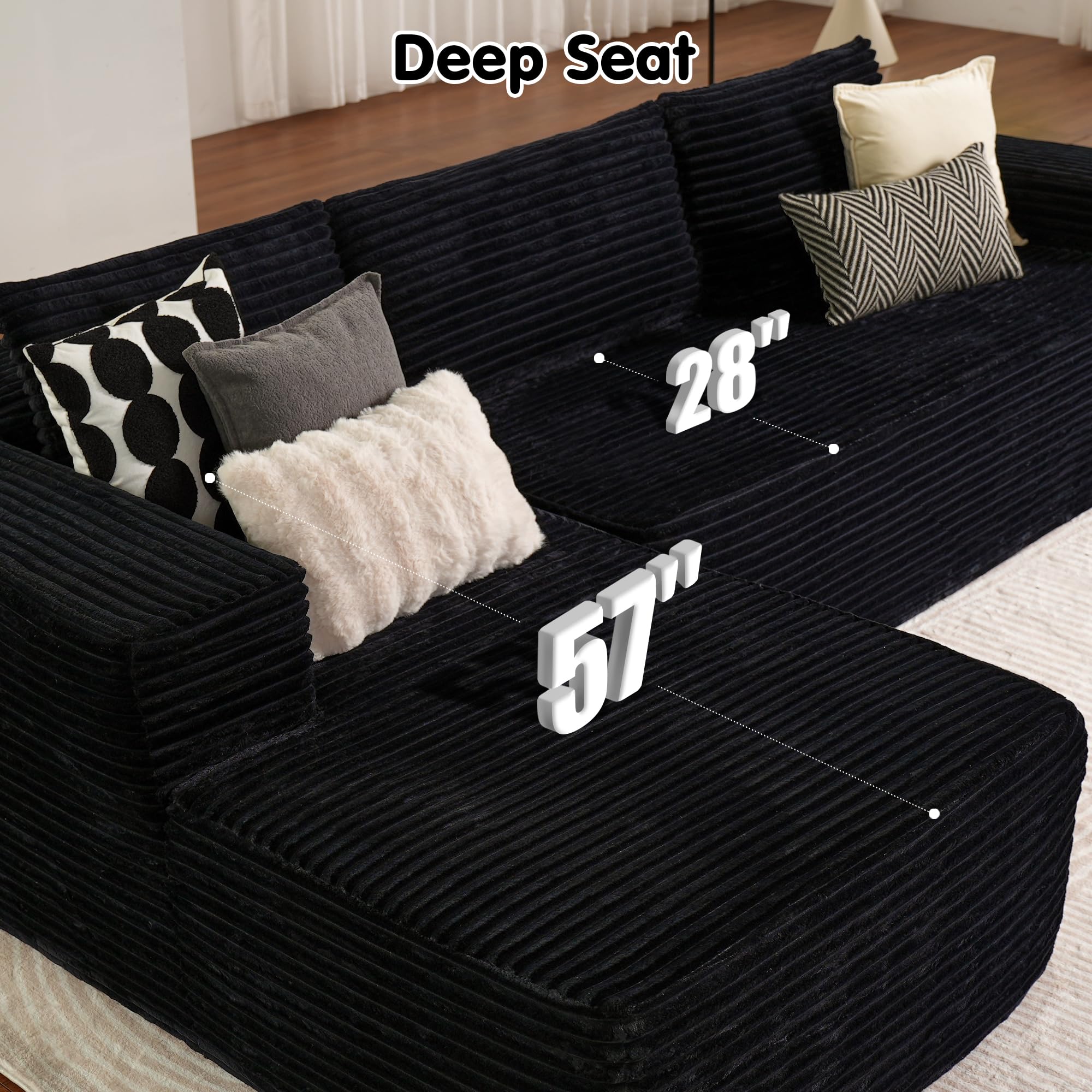 ovios 104" Cloud Sectional Couch with L-Shape Chaise,Modern Modular Sofa with Deep Seat, Upholstered Couches for Living Room Bedroom,No Assembly Required, Green (Cloud Velvet): Black (Plush Corduroy Fabric) L Shape with Left Facing Chaise
