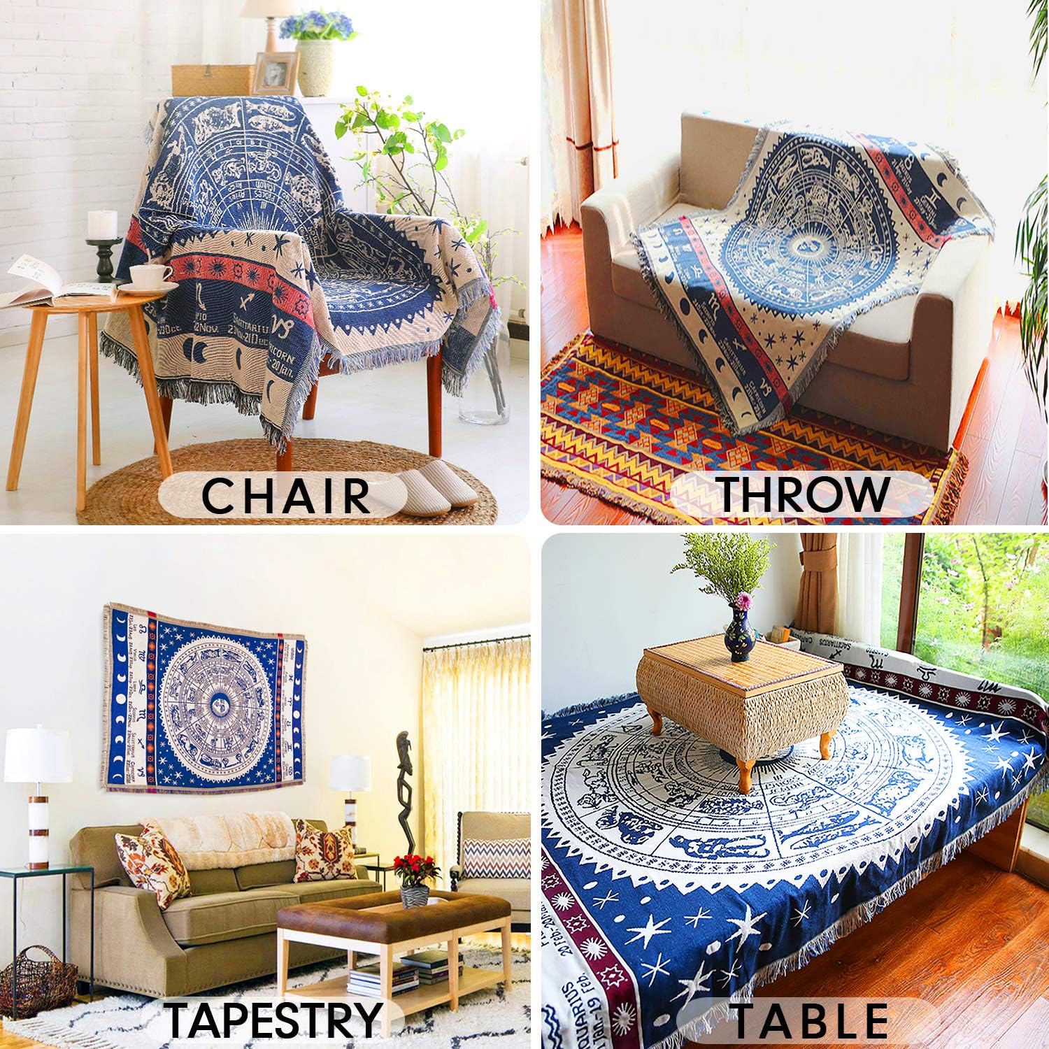 MayNest Bohemian Woven Cotton Throw Blanket - Reversible Sofa Cover for Couch, Bed, or Chair, Astrology Decor (Yellow, 71x51): Blue S (L71" x W51")