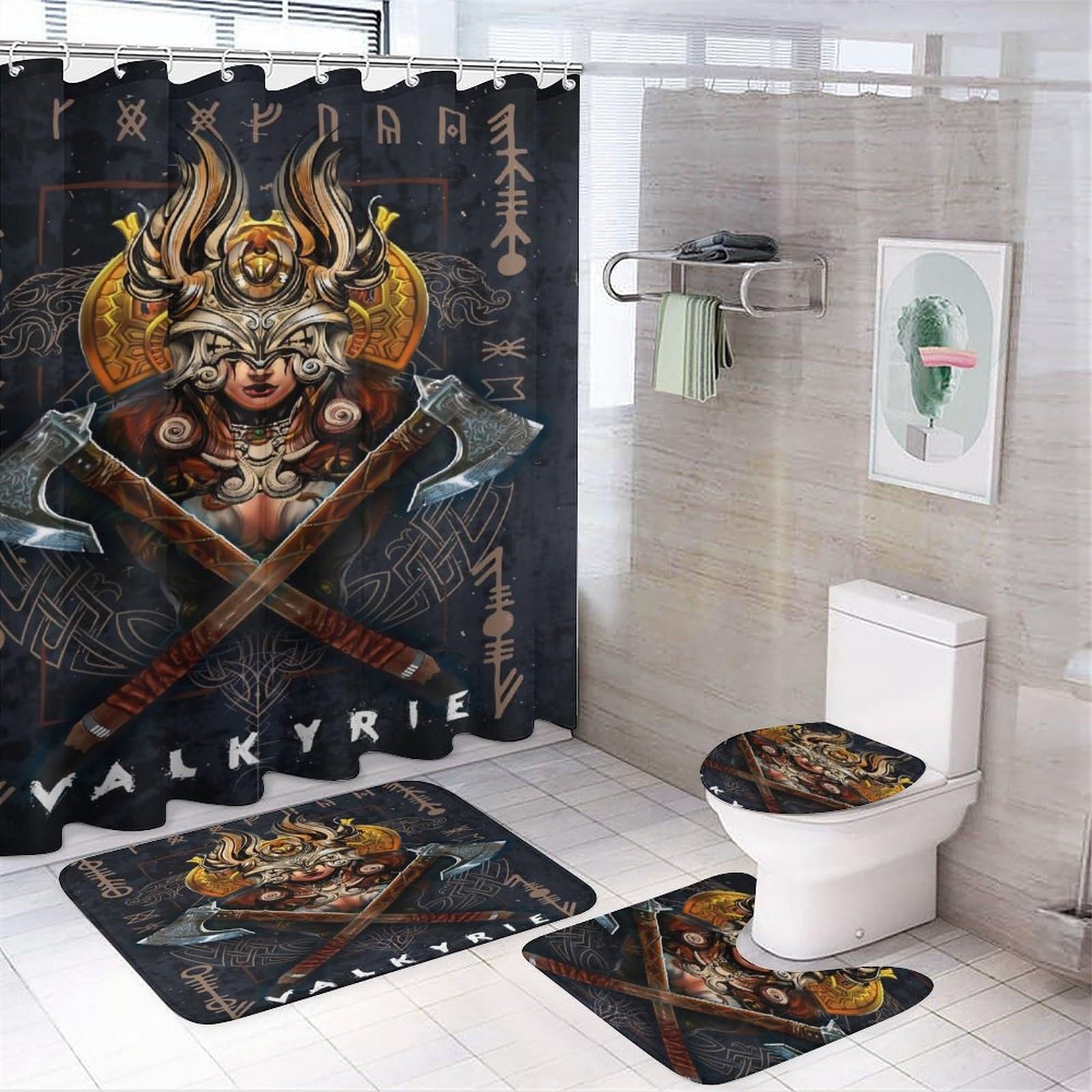 LDZDGD 4PCS Norse Viking Shower Curtain Set, Celtic Pagan Bathroom Art Decor, Waterproof Shower Curtain, Non-Slip Rugs, Toilet Lid Cover and Bath Mat (Color : Valkyrie, Size : 183 x 183CM): Valkyrie 28.3"W x 28.3"L (Pack of 1)