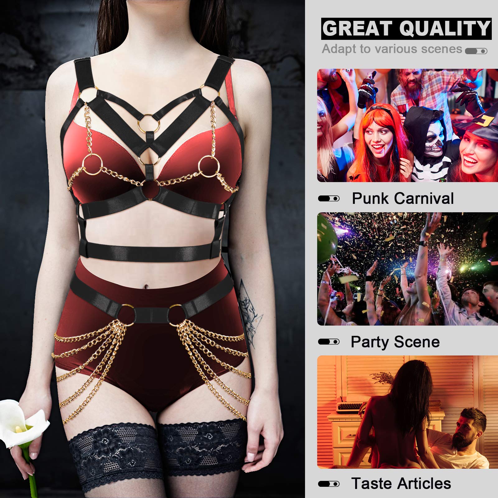 Women's Body Harness Bra Punk Garter Belt Elastic Adjustable Metal Chain Bra Dance Carnival Gothic Costume Accessories: Black