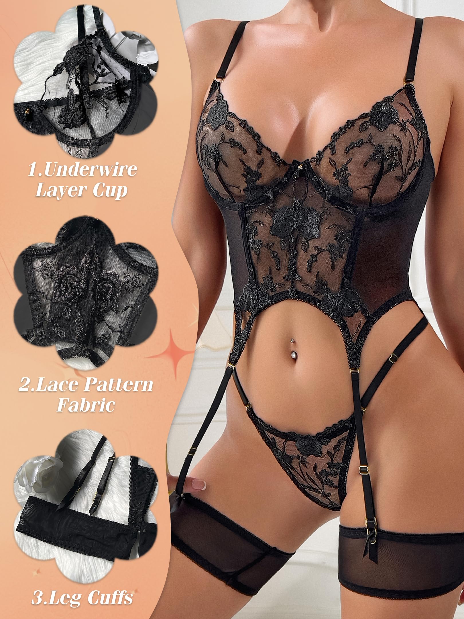 ssyyx Sexy Lingerie Sets for Women Classy,Lace Womens Corset Teddy Lingerie 3 Piece with Garter Belt: Black Small