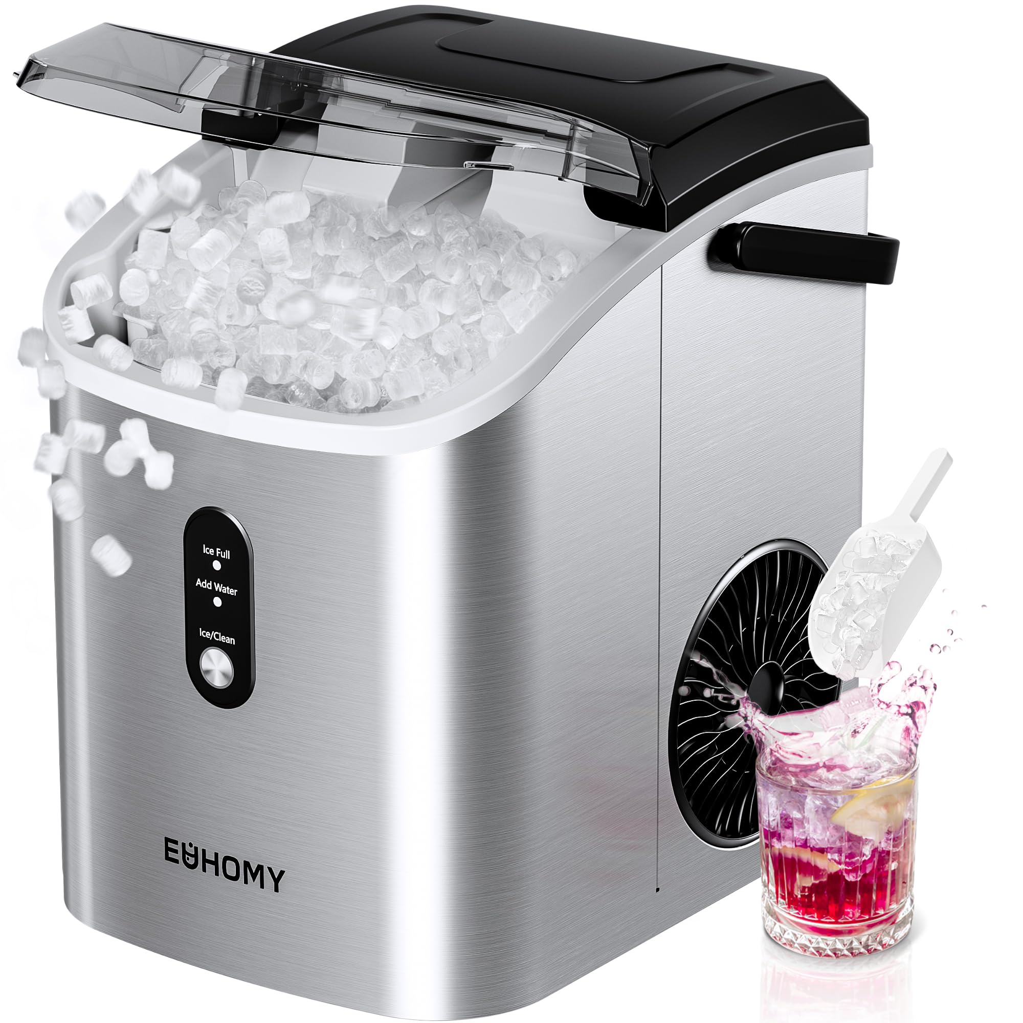 EUHOMY Nugget Ice Maker Countertop with Handle, Ready in 6 Mins, 34lbs Per Day, Removable Top Cover, Auto-Cleaning, Portable Sonic Ice Maker with Basket and Scoop, for Home/Party/RV/Camping (): Steel Light Silver