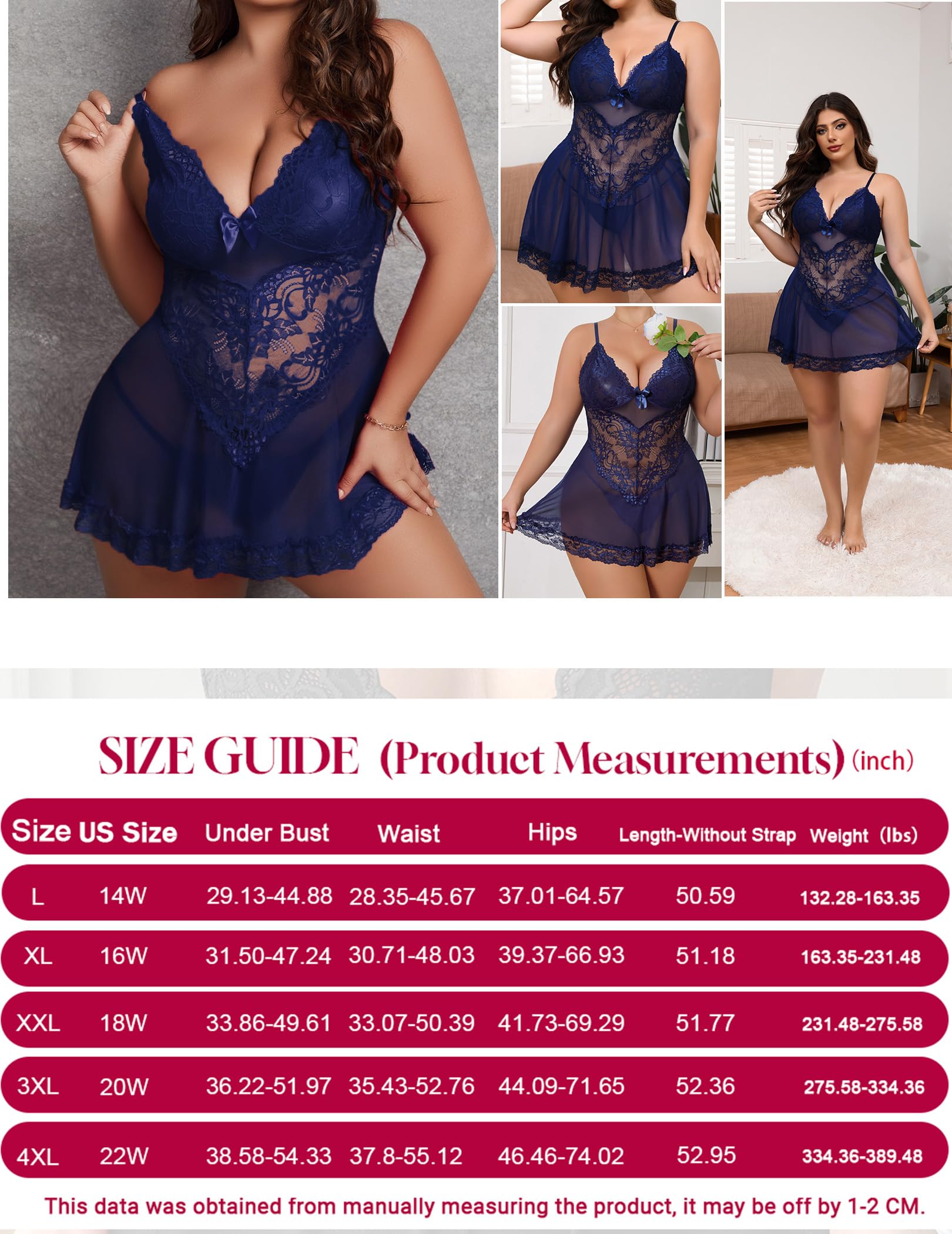 Alrovetoney Women Plus Size Babydoll Lingerie Lace Chemise Mesh Sleepwear Strappy Sexy Nightgown Boudoir Outfit L-4XL: Blue Large