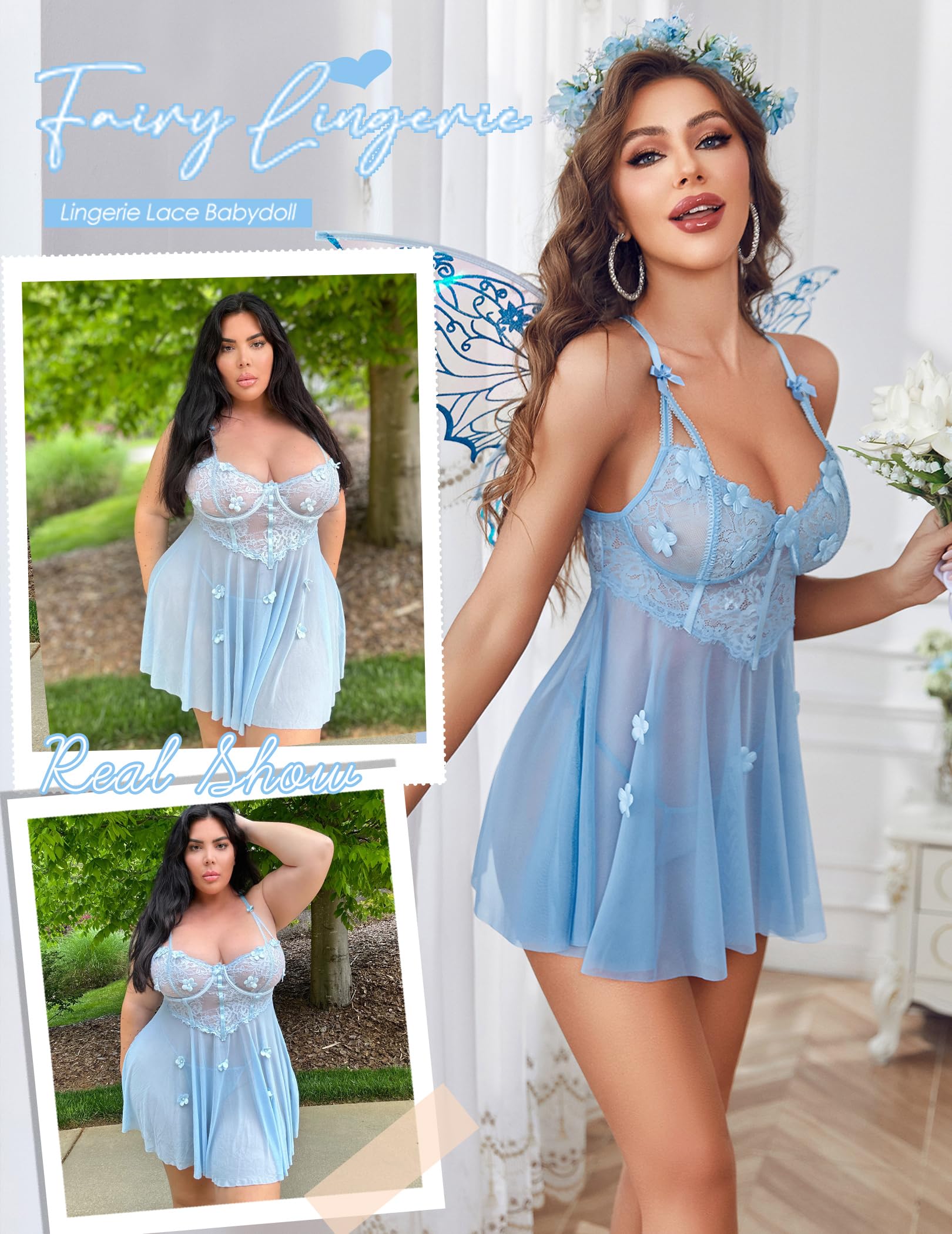 Avidlove Lace Lingerie for Woman Mesh Babydoll Lingeries Sexy Baby Doll Sleepwear Lace Chemise Boudoir Outfits S-XXL: Light Blue Medium