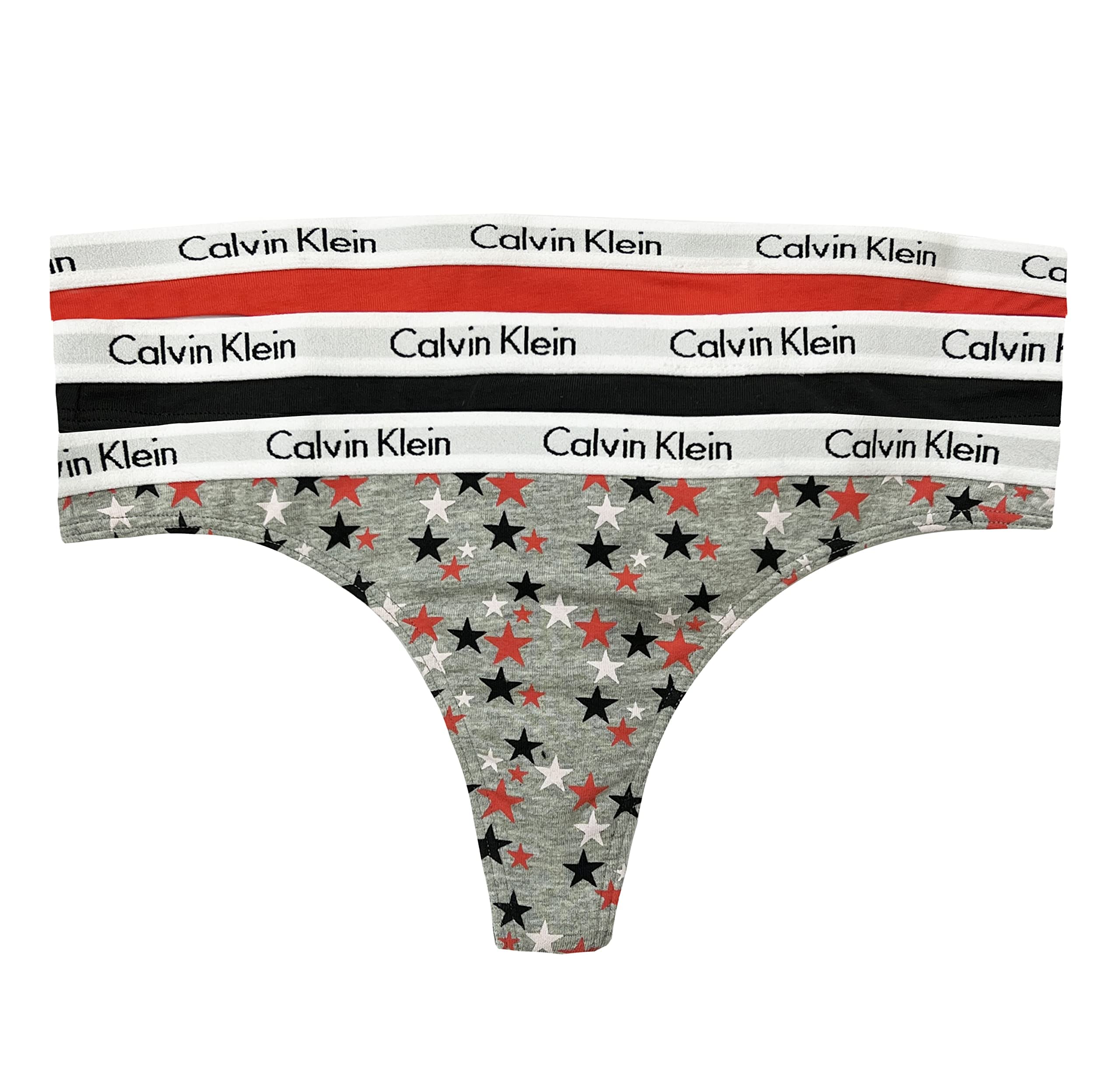 Calvin Klein Women's Carousel Logo Cotton Stretch Thong Panties, 3 Pack: Tomato/Twinkle/Grey Heather/Black X-Large
