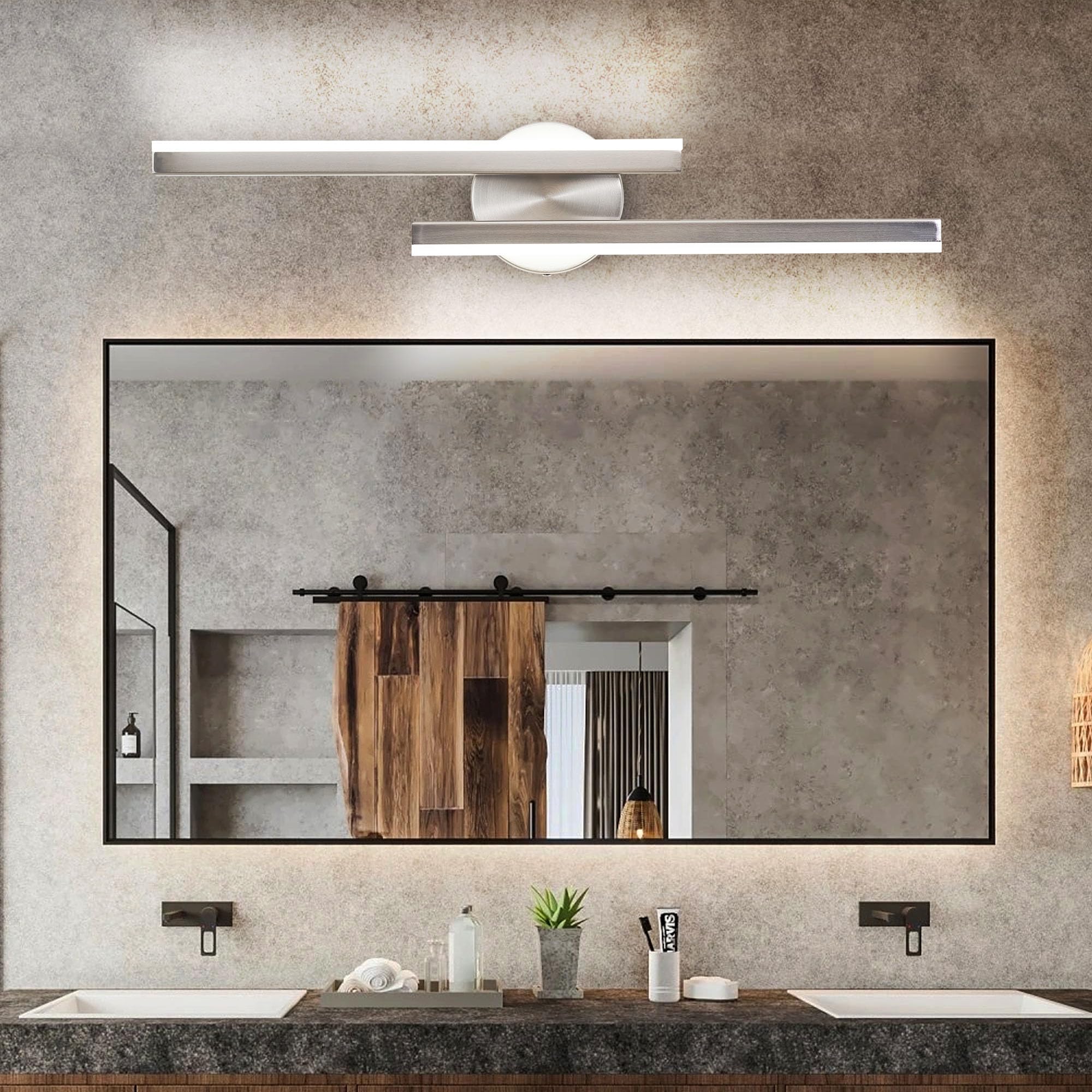 KAMLAM 24" Modern Led Bathroom Vanity Light 2 Light, Dimmable Over Mirror Vanity Lighting Bar Rotatable, 24W Cool White 5000K, Adjustable Nickel Vanity Light Fixture for Bedroom: Silver 24in 2-Light