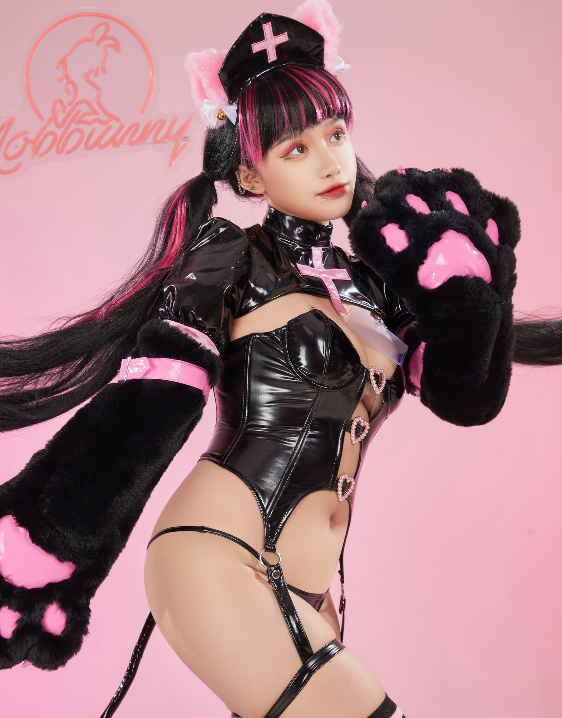 Mobbunny Nurse Cosplay Costume Nurse Lingerie Set Top and Panty with Furry Cat Paw Claws Sleeves and Thigh Socks: Small Black