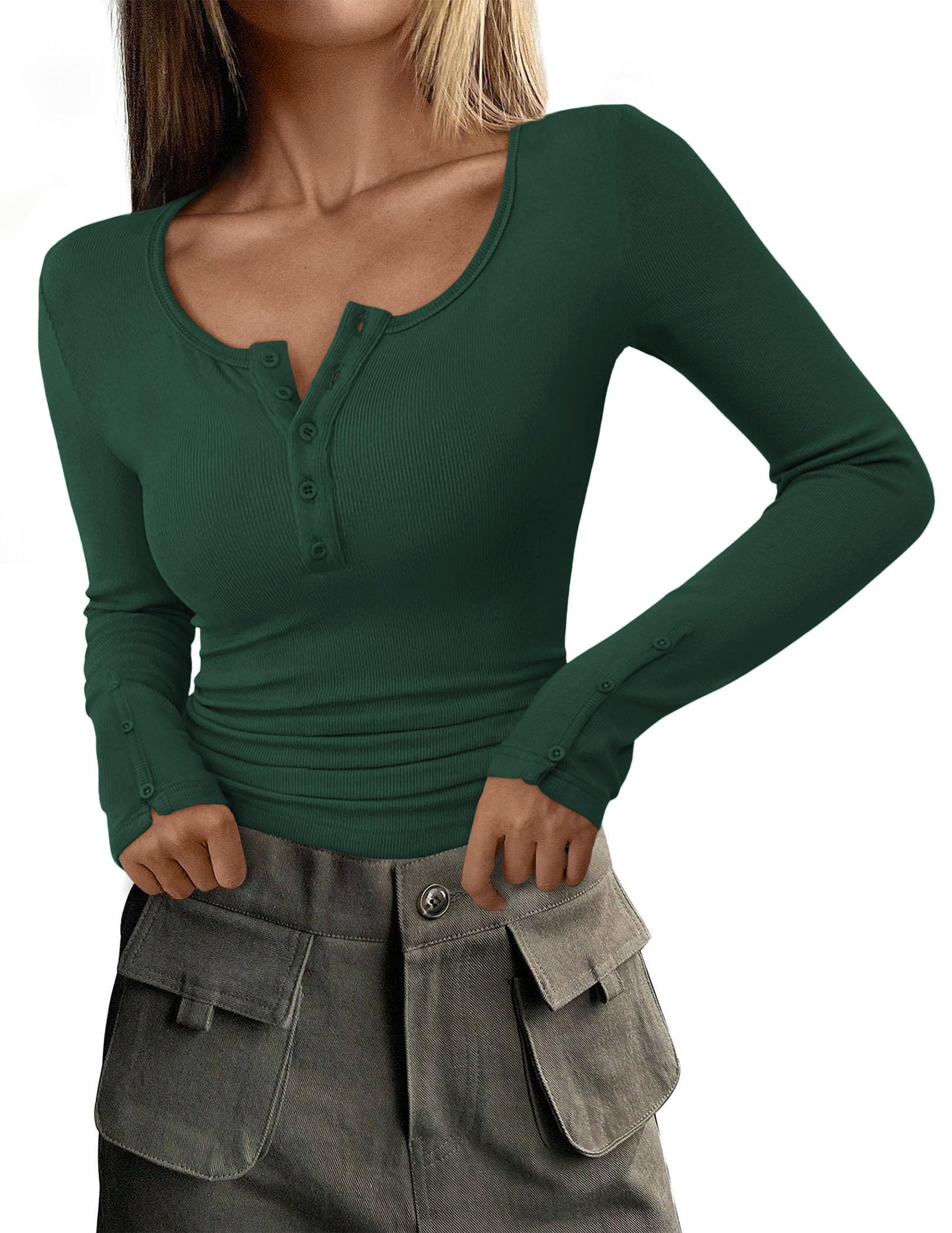 PRETTYGARDEN Women's 2025 Summer Long Sleeve Henley T Shirts Ribbed Knit Button Slim Fitted Basic Casual Going Out Fall Tops thumbnail 1