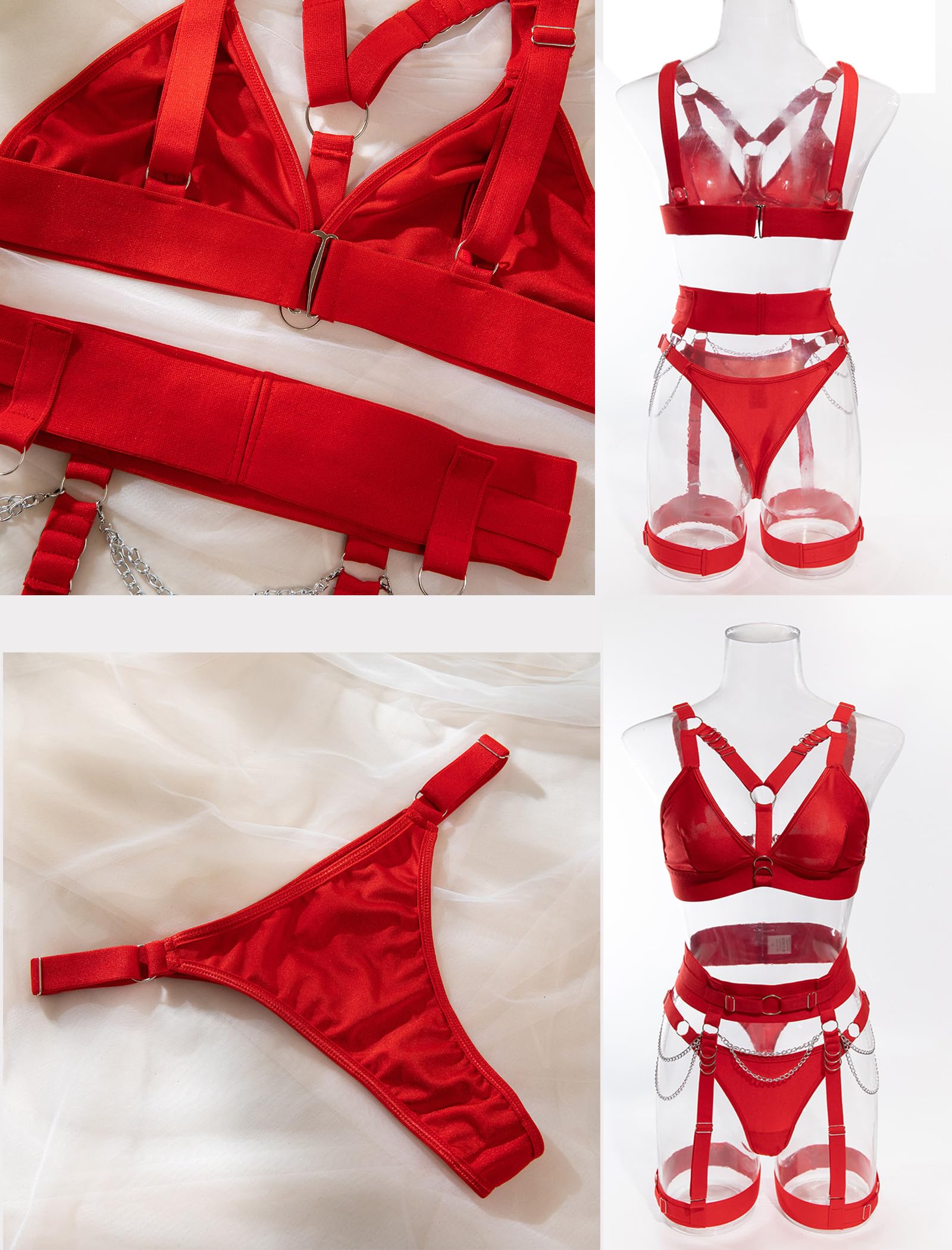 Sexy Lingerie Set For Women With Garter Belt 5 Pieces Strappy Bra and Panty Set Adjustable With Chain: Small Red