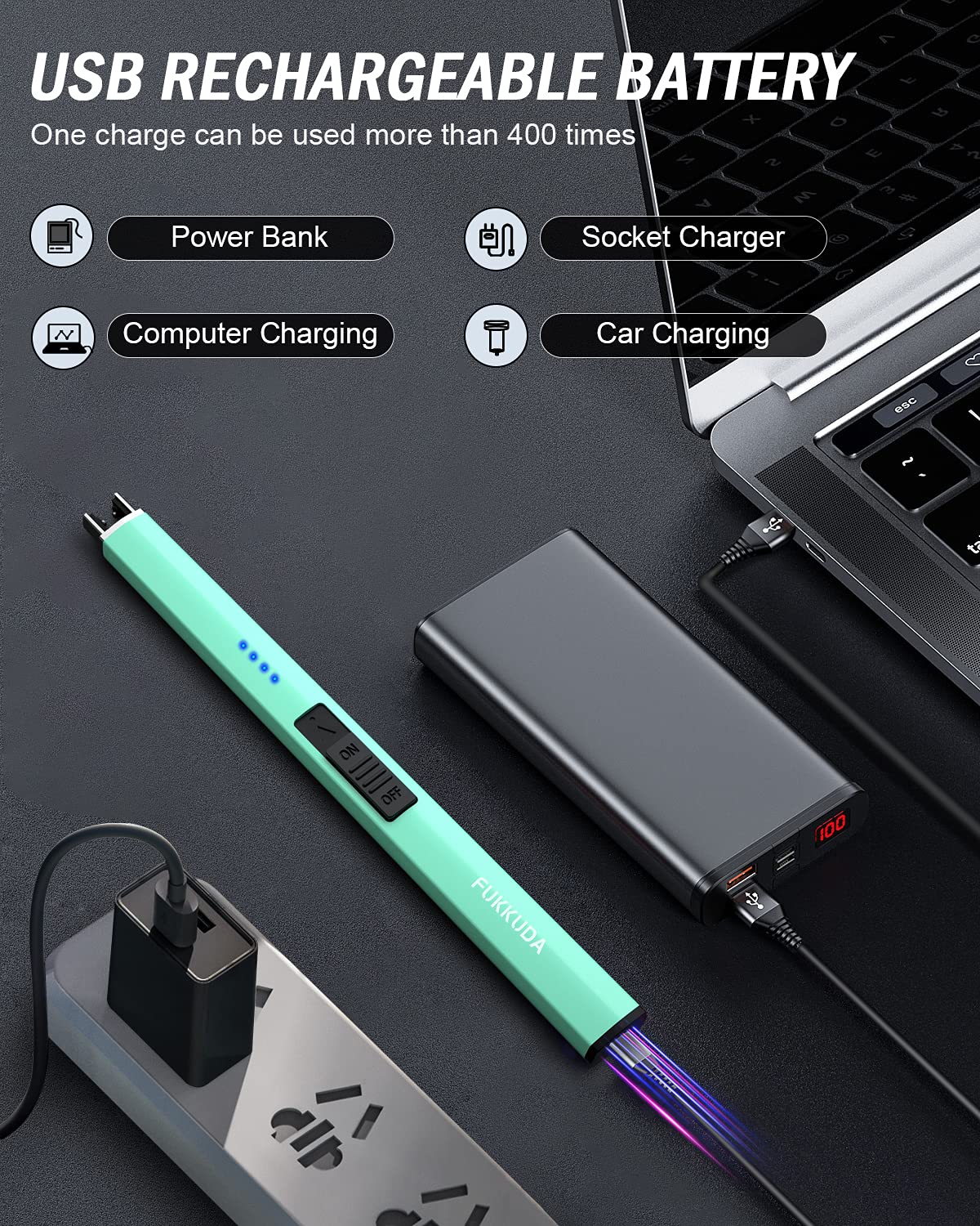 FUKKUDA Electric Candle Lighter with Safety Switch - USB Rechargeable Windproof & Flameless Plasma Arc Lighter for Easter Basket Stuffers (Obsidian Black): Tiffany Blue Standard