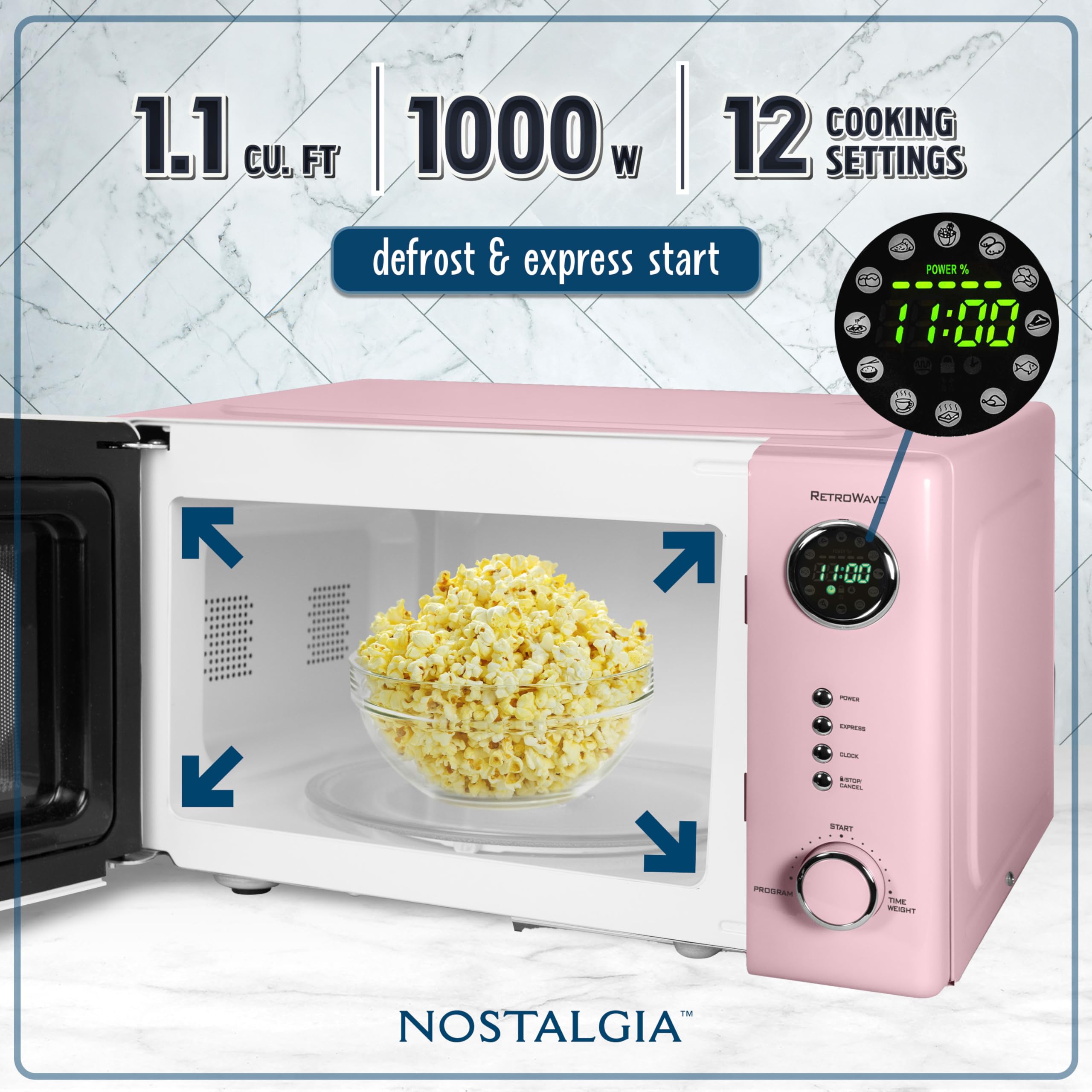 Nostalgia NRMO11PK6A 1000 Watt Power Retro Countertop Microwave Oven Easy to Clean with Removable Glass Turntable-Child Safety Lock-12 Programs-Digital Clock, 1.1 Cu Ft, Pink