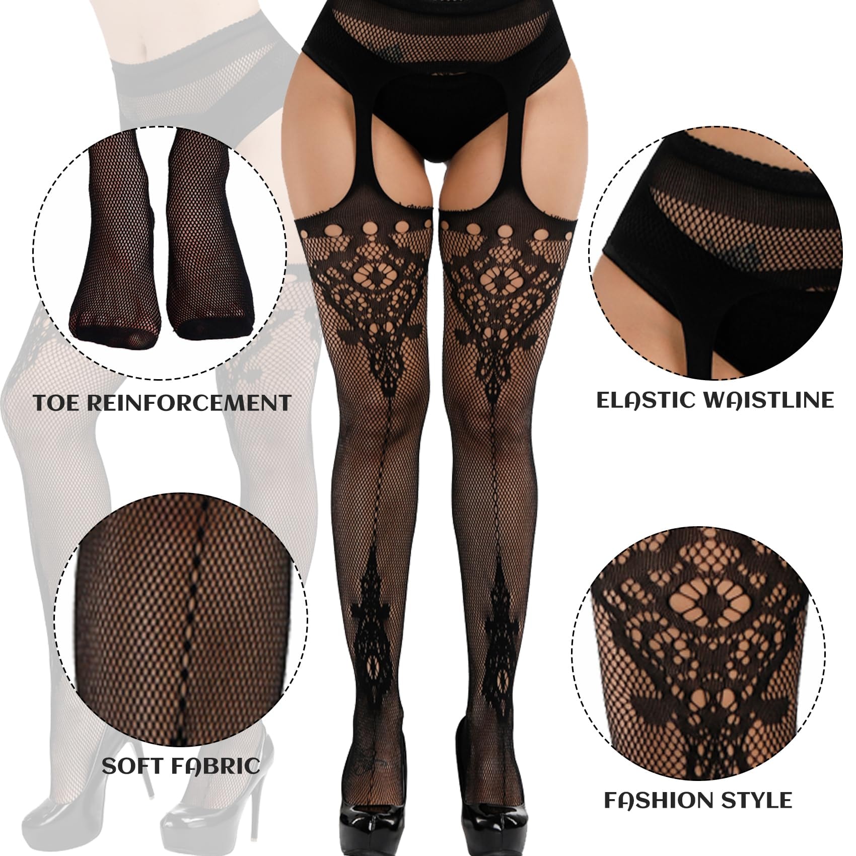 iCamter Plus Size Fishnet Stockings, Black Fishnet Tights Thigh High Stockings Suspender Pantyhose - Image 2