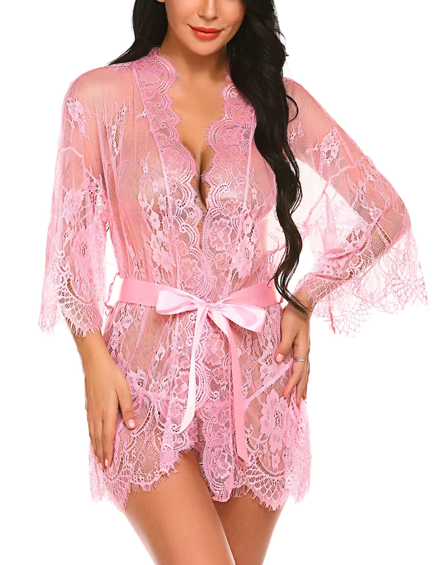 Avidlove Women's Lace Kimono Robe Babydoll Lingerie Mesh Nightgown S-5XL: Pink X-Small