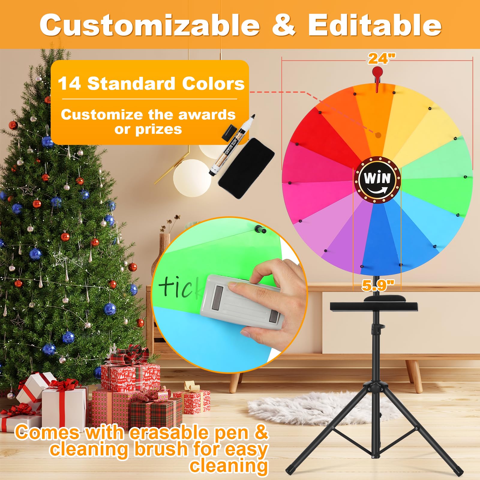 GADFISH 24-inch Spinning Prize Wheel, Ajustable 37"-65" Height Spin Doodle Game Spinner, Storable Prize Wheel Spinner with Stand, Wheel of Fortune Game, 14 Colors