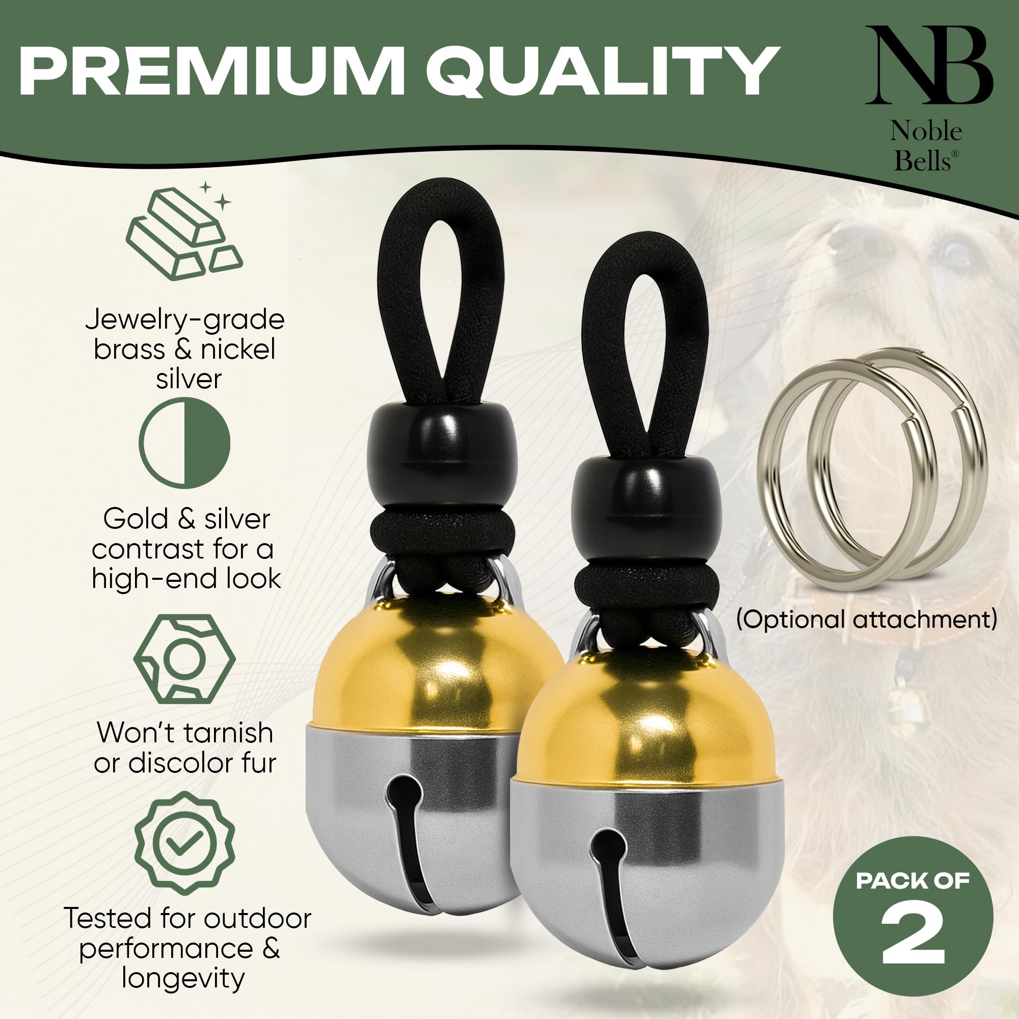 Noble Bells, Pair - Handmade in USA, Extra Loud Collar Bells for Cats and Dogs, Premium Brass and Nickel Silver: Large Pair