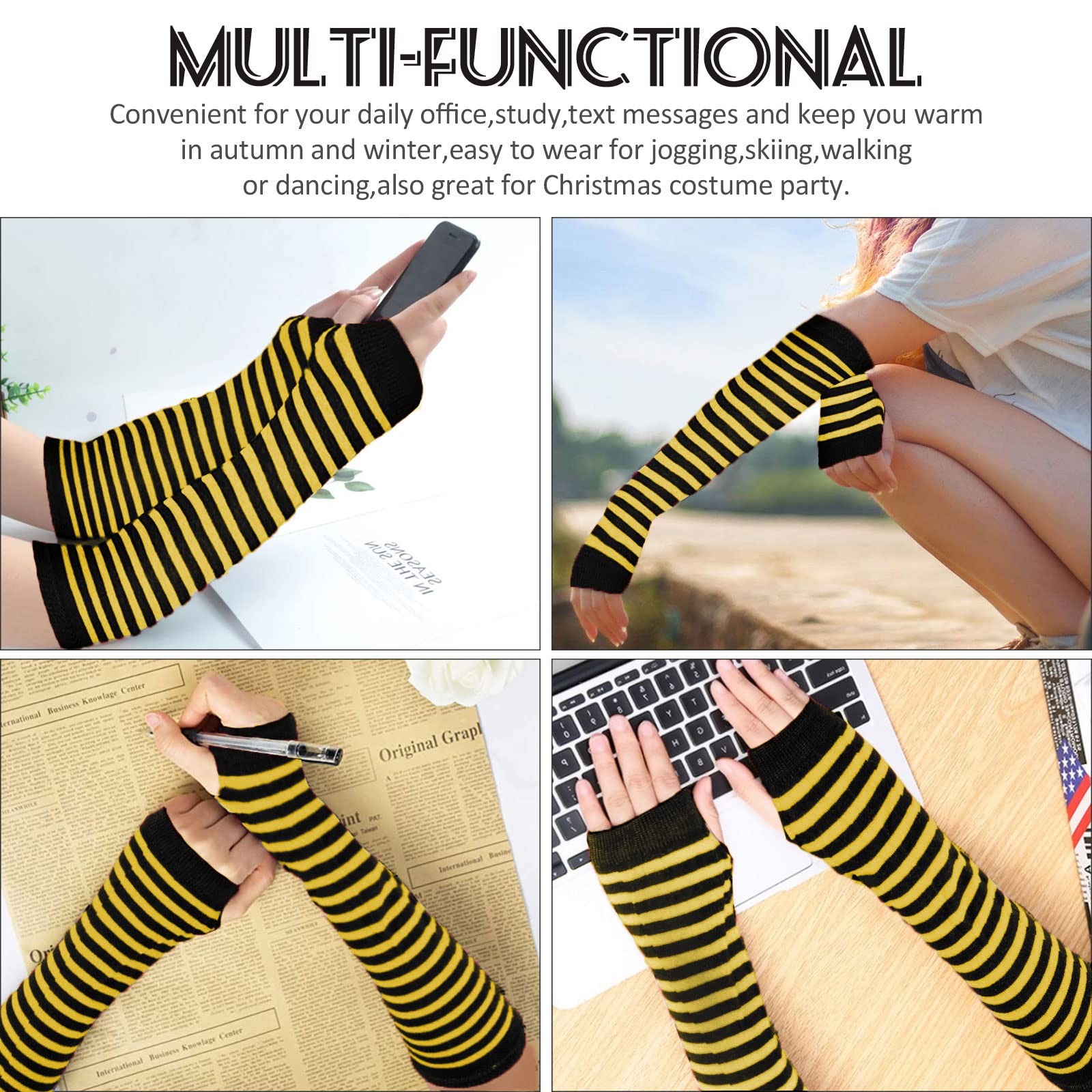 Ibeauti 8 Pcs Womens Striped Knee High Socks Stockings Y2K Goth Knitted Long Arm Warmer Fingerless Gloves Set: 4-black/Purple/Yellow/Pink
