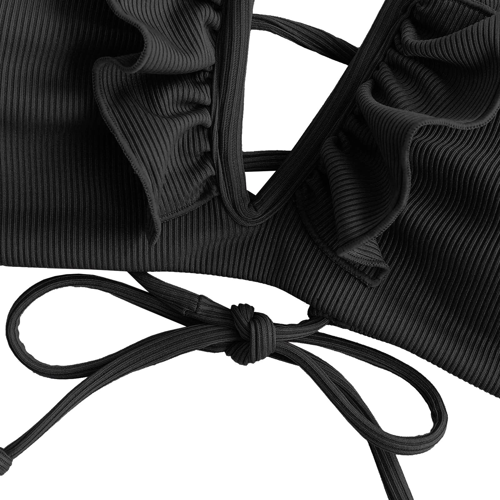 Thumbnail 7 of ZAFUL Women's Strapless Ribbed V Wired Lace Up Ruffle Tie High Cut Bandeau Swimsuits Bikini Set