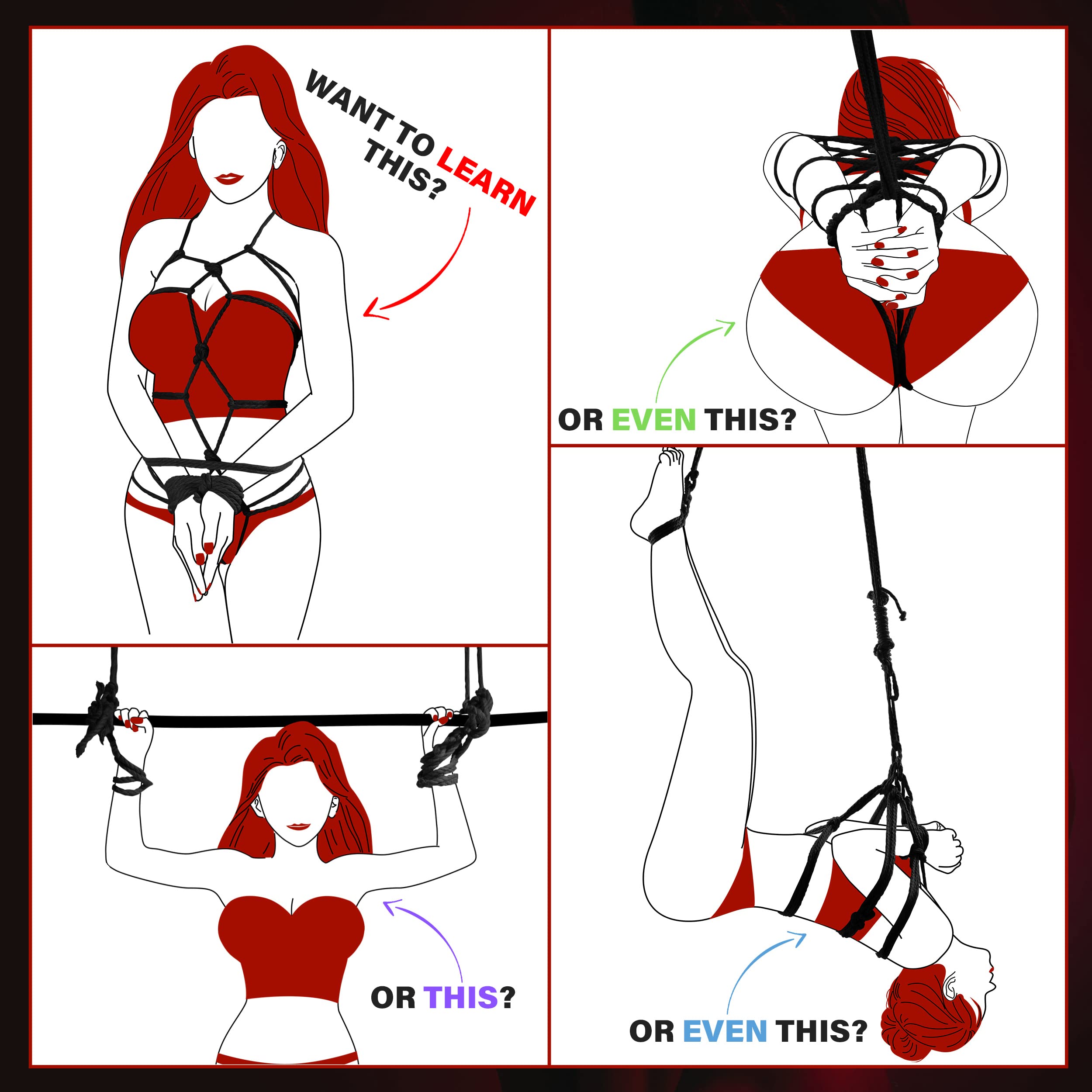 Super Soft Cotton-Rope Shibari Bondage / Restraint Kit, BDSM Beginner Set, Adult Sex Toys for Women Men and Couples(Black+Red)
