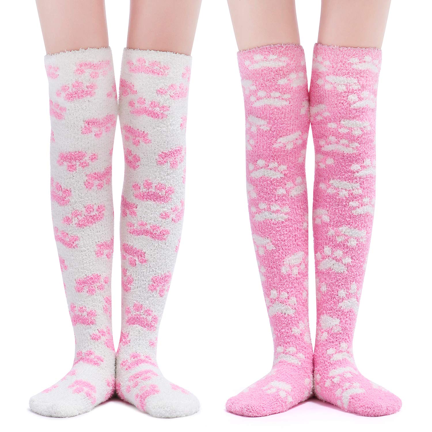 Littleforbig Cute Coral Fleece Thigh High Long Paws Pattern Socks 2 Pairs: Pink