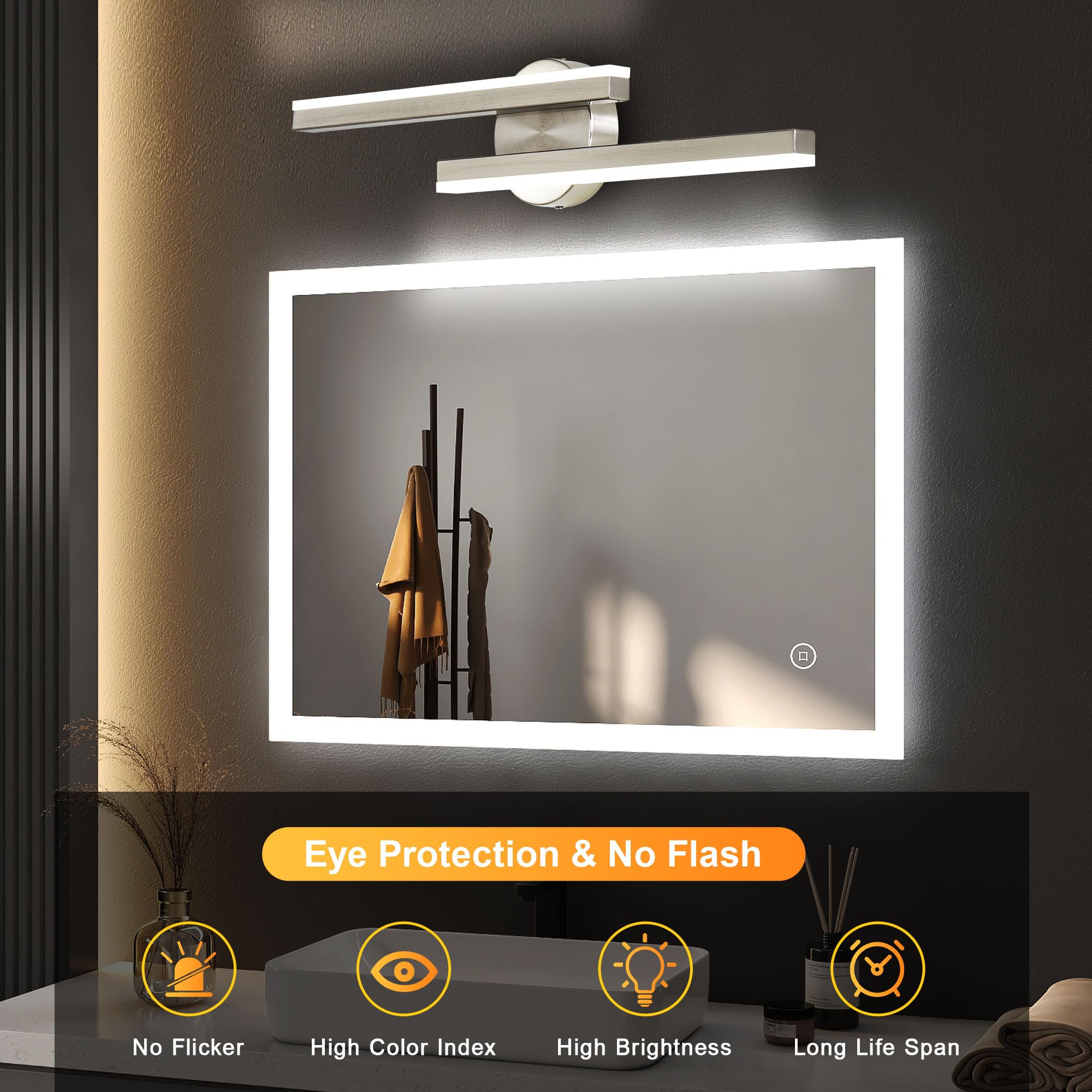 KAMLAM 24" Modern Led Bathroom Vanity Light 2 Light, Dimmable Over Mirror Vanity Lighting Bar Rotatable, 24W Cool White 5000K, Adjustable Nickel Vanity Light Fixture for Bedroom: Silver 24in 2-Light