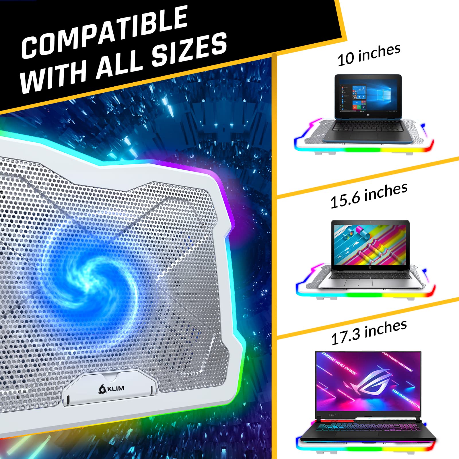 KLIM Ultimate + RGB Laptop Cooling Pad with LED Rim + New + Gaming Laptop Cooler + USB Powered Fan + Very Stable and Silent Laptop Stand + Compatible up to 17" + PC Mac PS5 PS4 Xbox One -: White