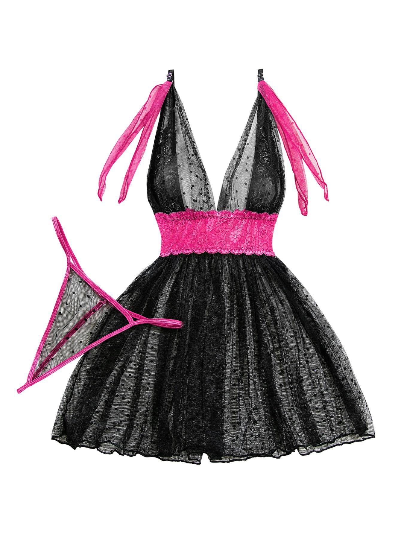 Lilosy Sexy Polka Dots Mesh Sheer Lace Babydoll Chemise Lingerie Set Floral Lace Sleep Wear: Large Black Hot Pink