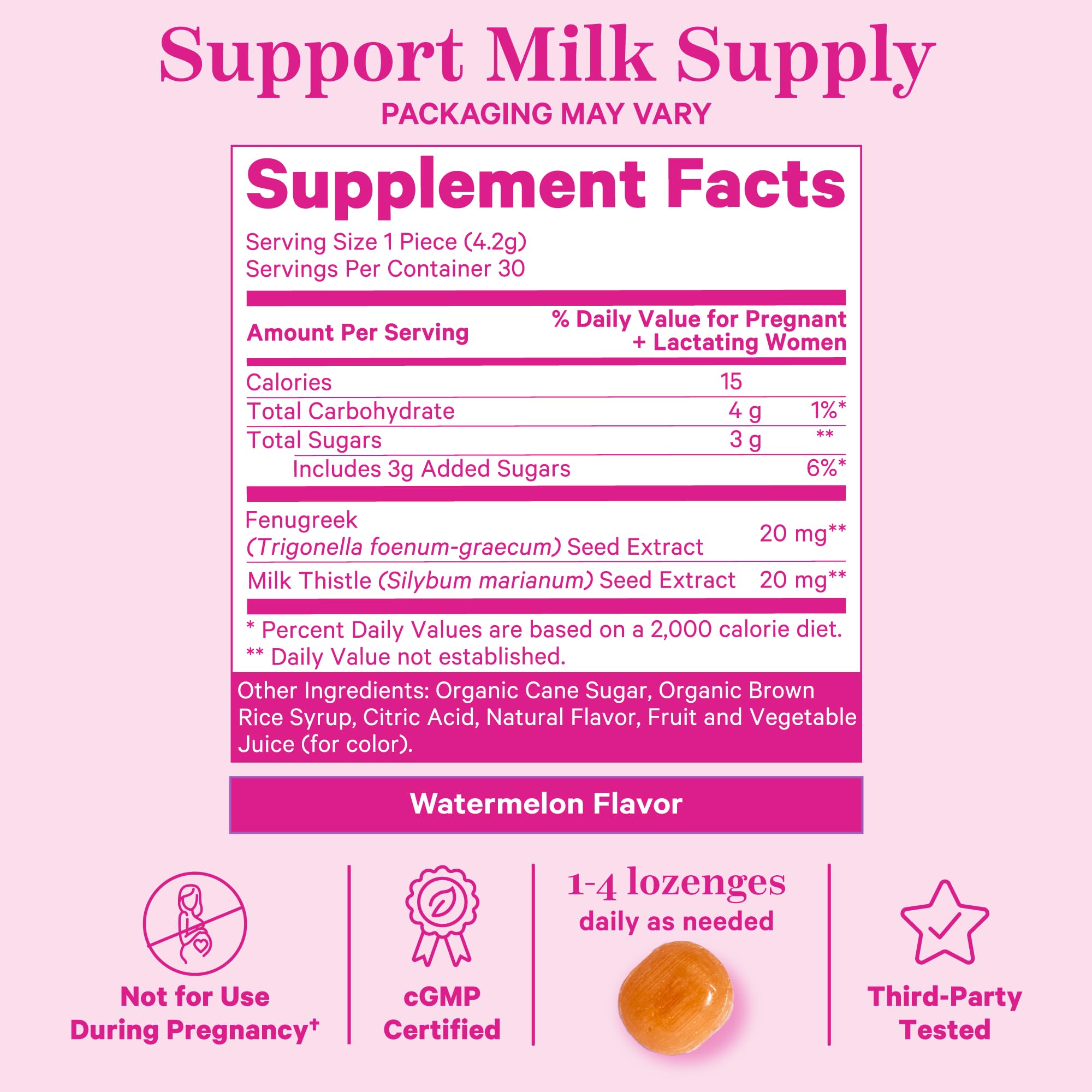 Pink Stork Lactation Sweets Supplement, Breastfeeding Snacks with Fenugreek and Milk Thistle to Support Breast Milk Supply - 30 Watermelon Candy Drops (Packaging May Vary) thumbnail 4