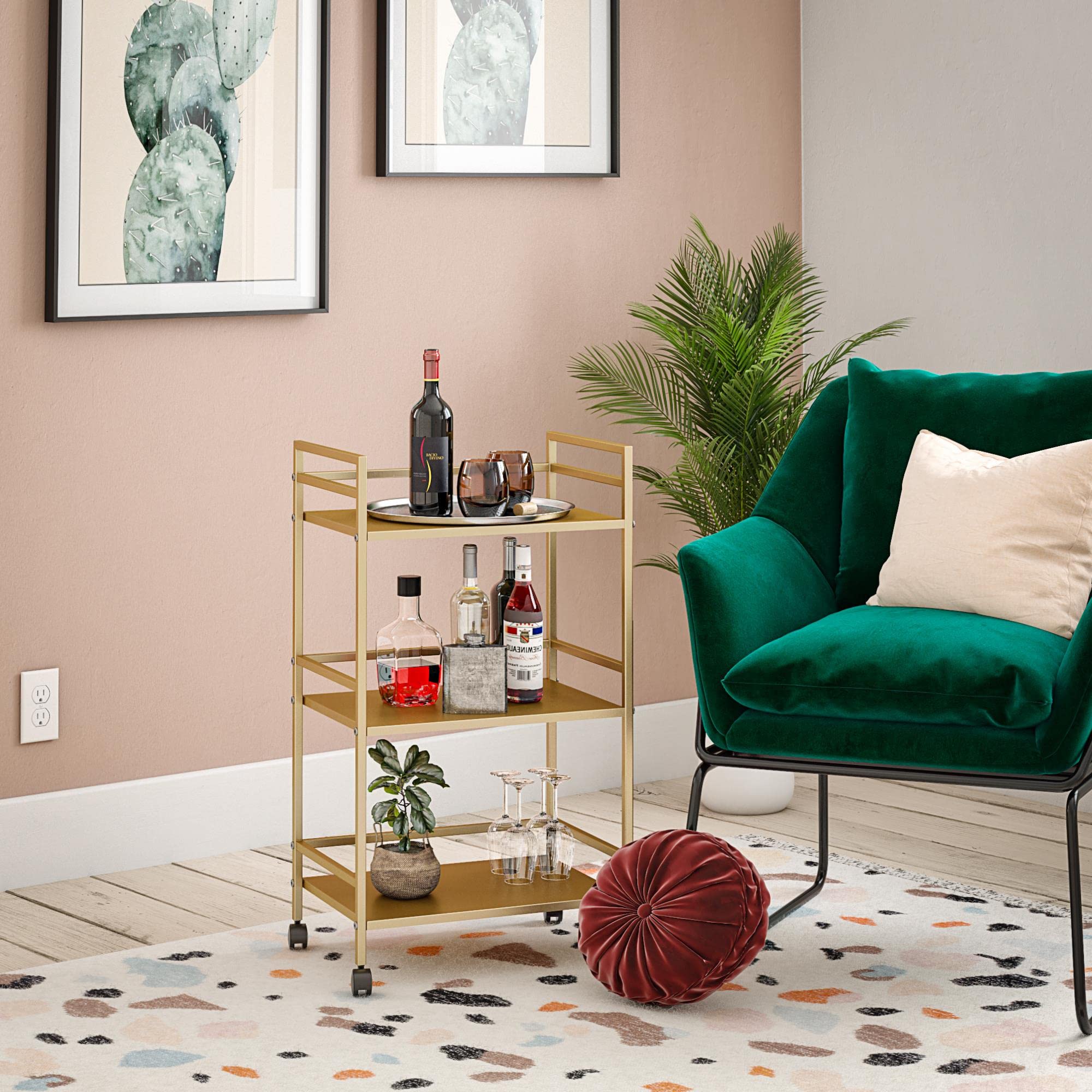 Novogratz Helix Small Bar Cart for the Home, 3 Tier Rolling Cart With Wheels, Kitchen Cart with Storage for Beverages and Wine, Gold: Novogratz Helix Small Bar Cart for the Home, 3 Tier Rolling Cart With Wheels, Kitchen Cart with Storage for Beverages and Wine, Gold