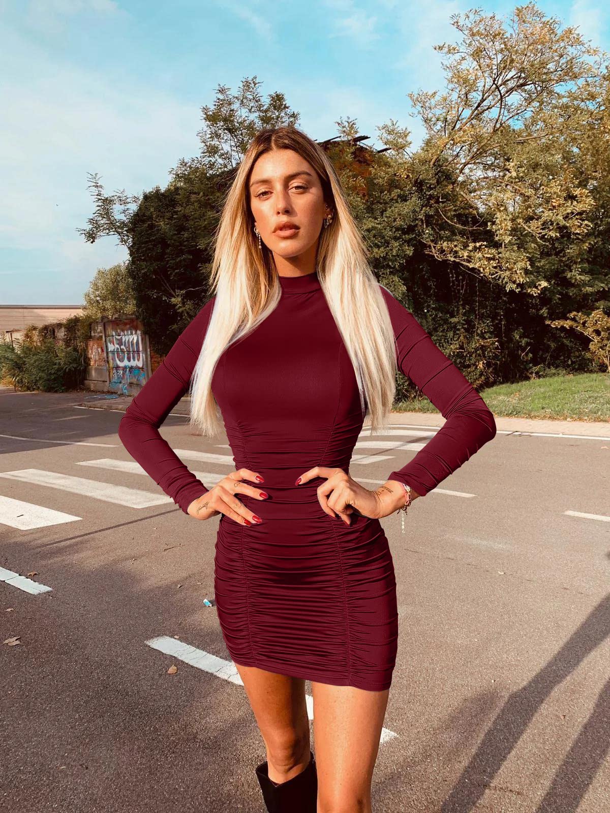 GOKATOSAU Women's Sexy Stand Neck Bodycon Long Sleeve Ruched Club Party Mini Dress: X-Large Winered