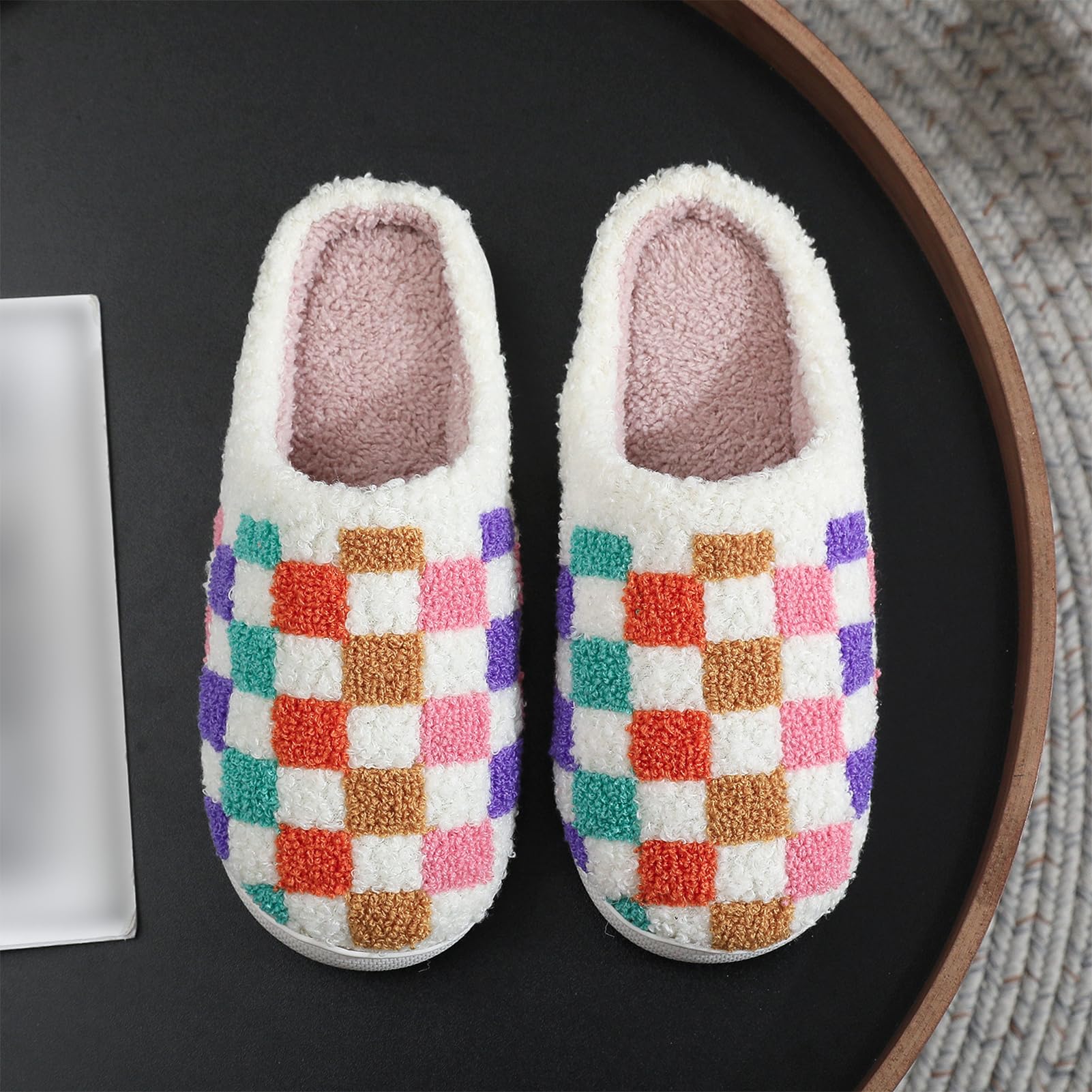 Afellicy Halloween Christmas Slippers Checkered Scuff for Women and Men Holiday Indoor Bedroom Fluffy Warm Fleece Slippers Winter Soft Cozy Home Non-Slip Soft Plush Slip-on Wool Lined House Shoes
