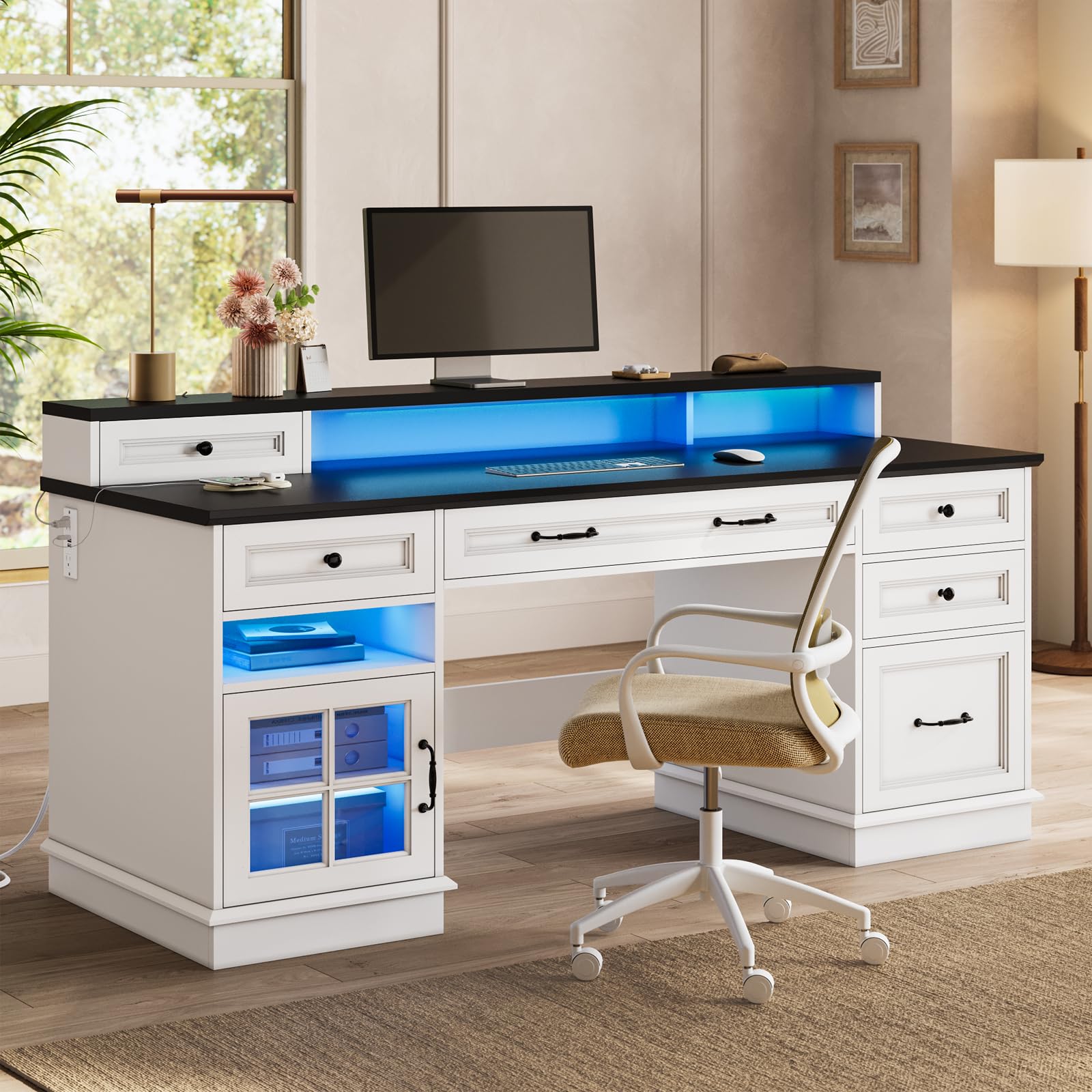 HAUOMS Farmhouse Executive Desk with Drawers Computer Desk with File Drawers, Power Outlet and Led Lights, Executive Office Desk with Storage Cabinet and Monitor Shelf for Home Office,: White