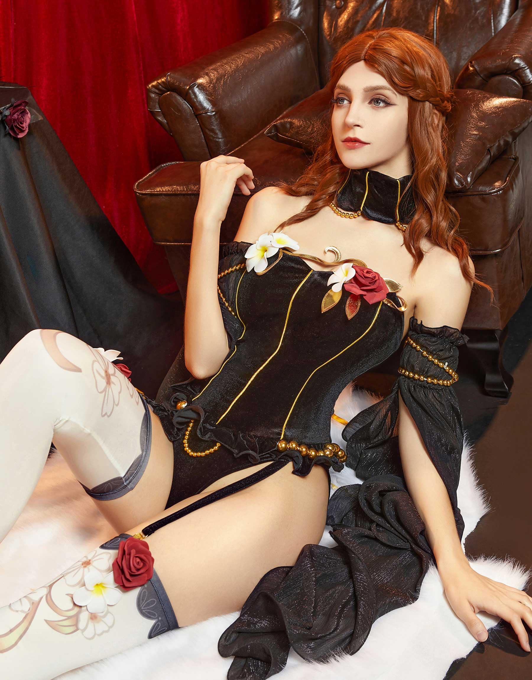 Mobbunny Women Medieval One Piece Bodysuit with Stockings and Tulle Sleeves Velvet Leotard Romper Jumpsuit Cosplay Bodysuit