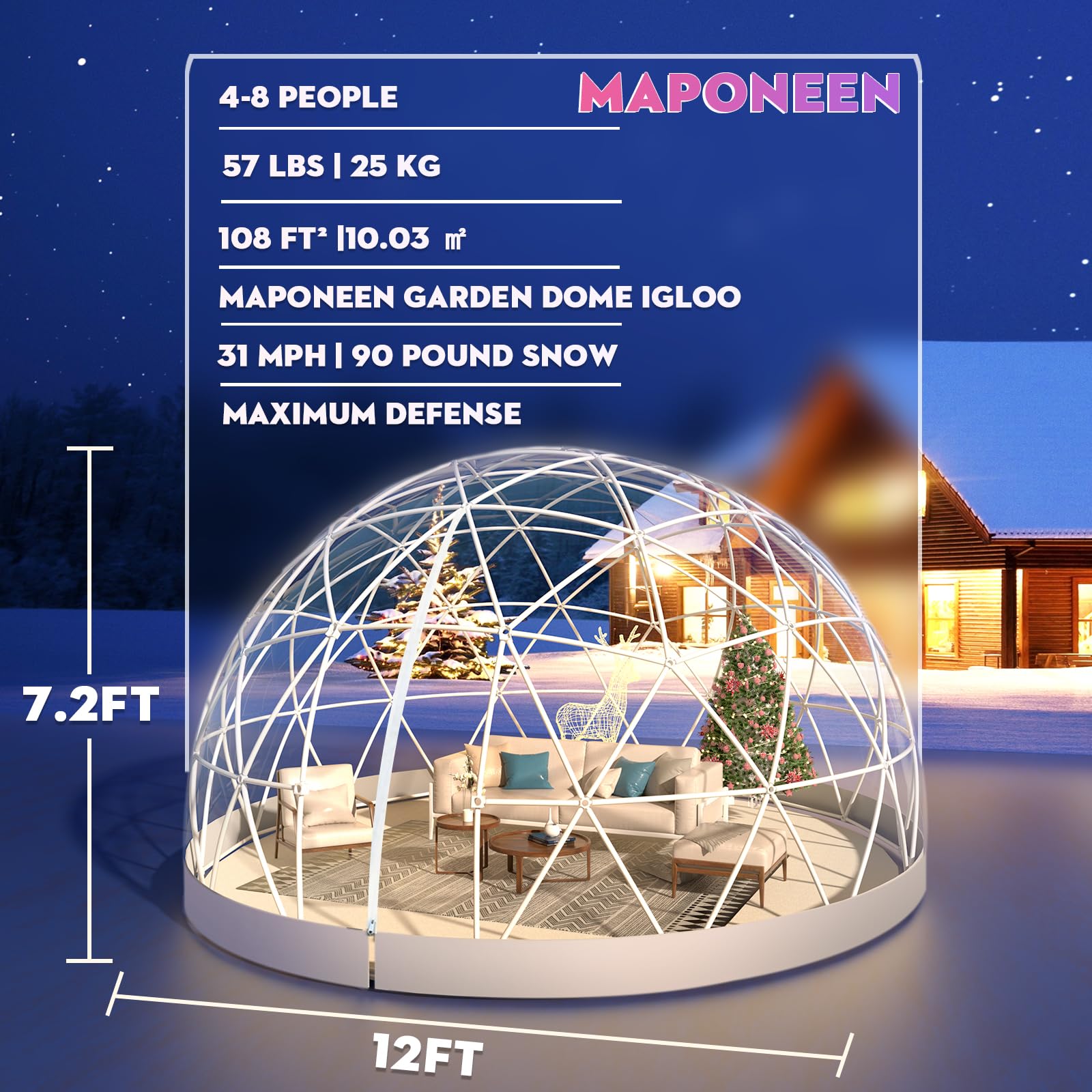 12FT Garden Dome lgloo, Geodesic Dome Greenhouse with PVC Clear Cover, Waterproof Garden Bubble Dome Tent House with 2 x 10M Light Strings for Outdoor, Patio, Backyard, Party (White, 12FT/3.6M): White Edge 12FT/3.6M