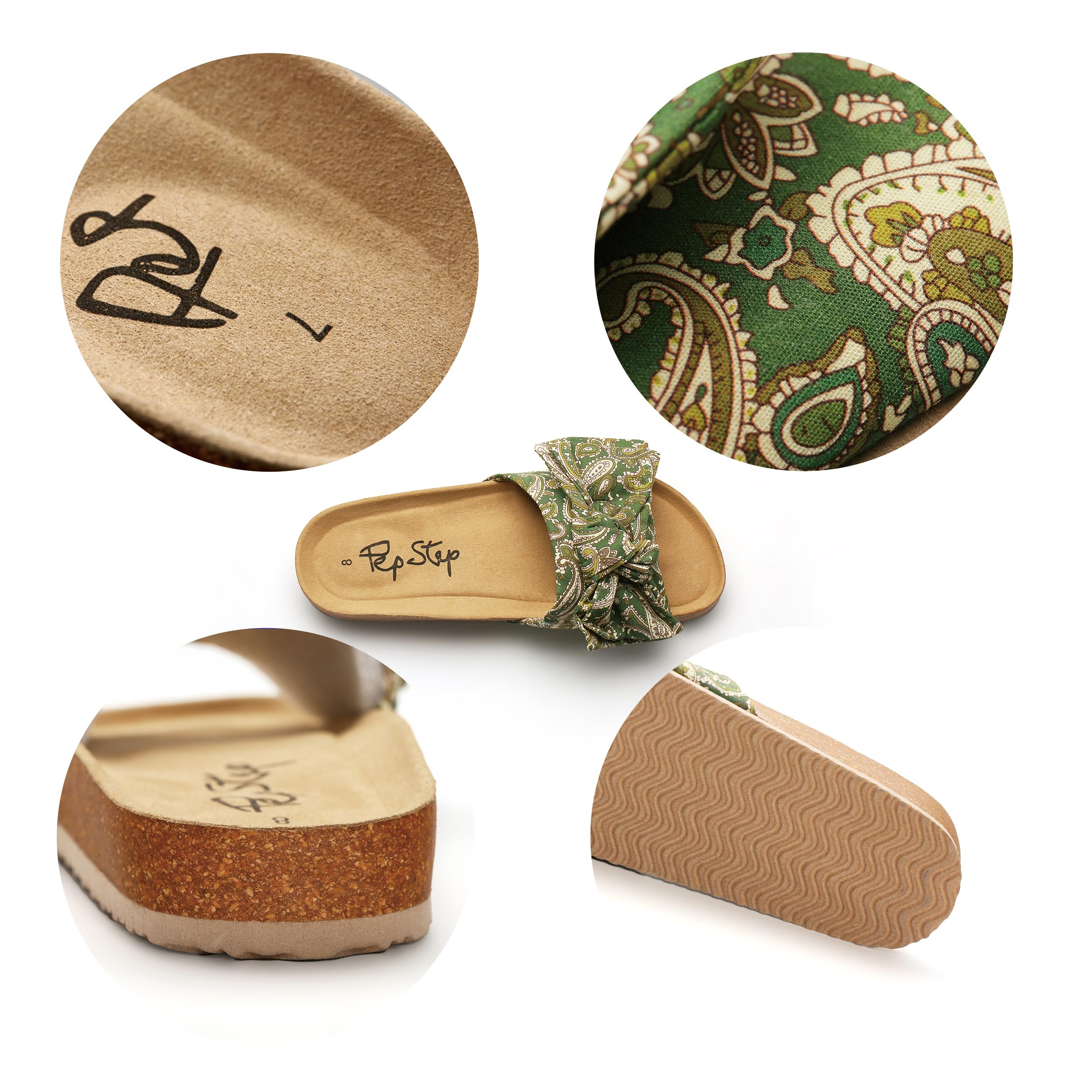 PepStep Slide Sandals for Women or Ladies Dressy Summer Casual, Cute Bow Tie Knot On Top Strap, Comfy Slip On Cork Foot Bed: 8 Green Boho