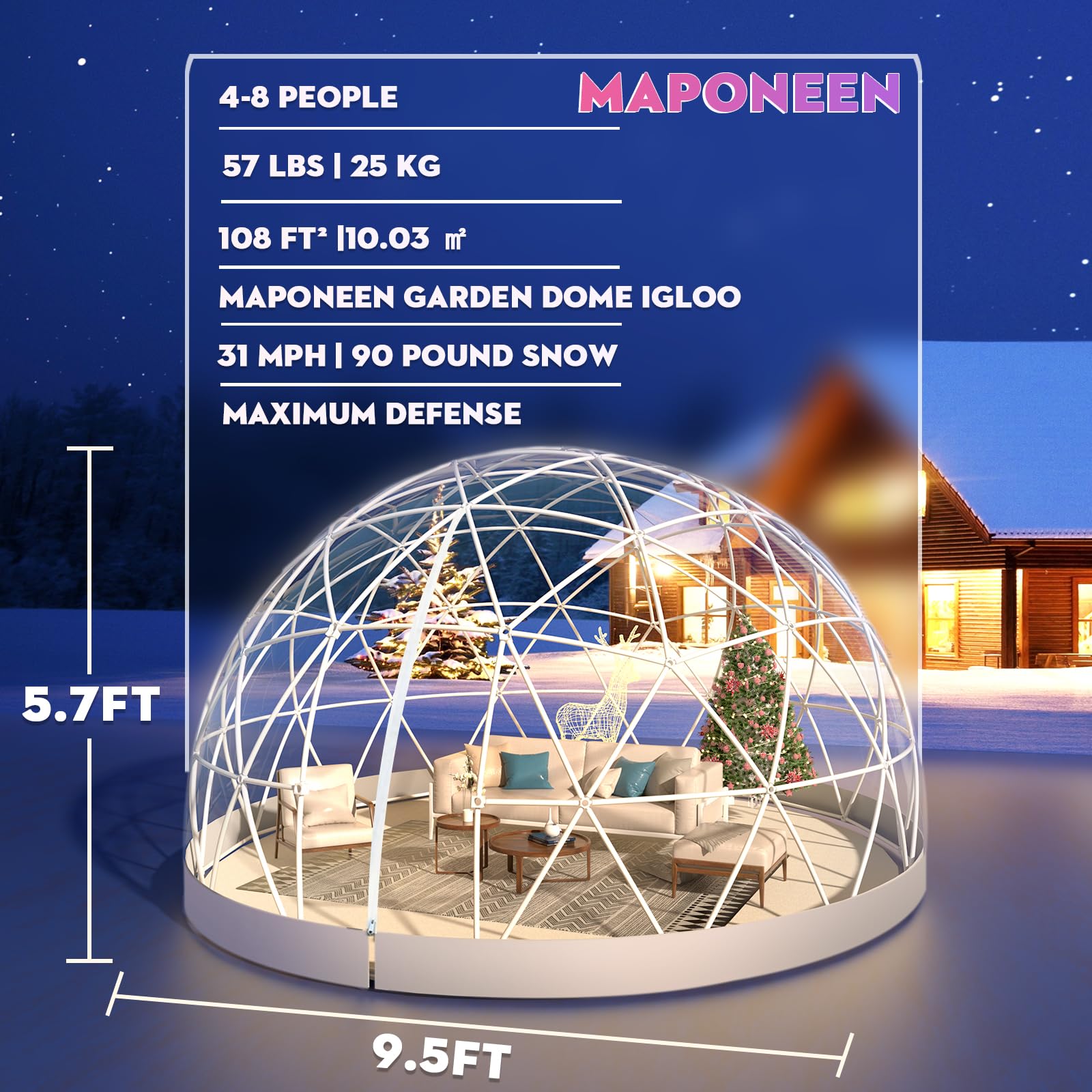 12FT Garden Dome lgloo, Geodesic Dome Greenhouse with PVC Clear Cover, Waterproof Garden Bubble Dome Tent House with 2 x 10M Light Strings for Outdoor, Patio, Backyard, Party (White, 12FT/3.6M)