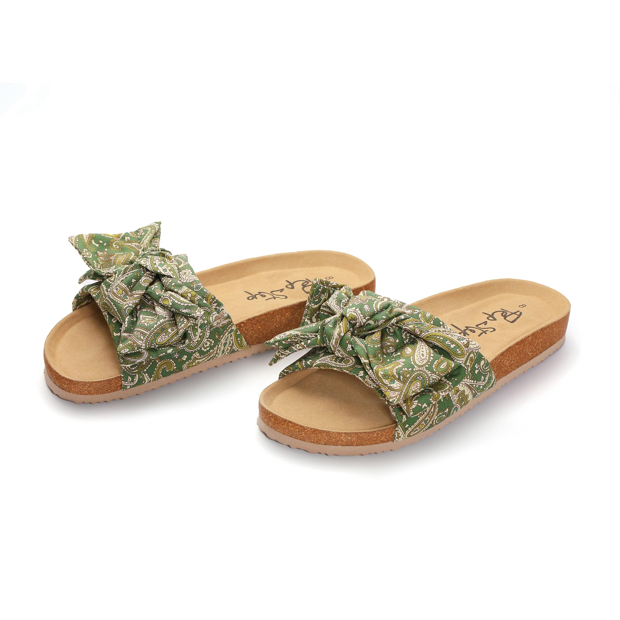 PepStep Slide Sandals for Women or Ladies Dressy Summer Casual, Cute Bow Tie Knot On Top Strap, Comfy Slip On Cork Foot Bed: 8 Green Boho