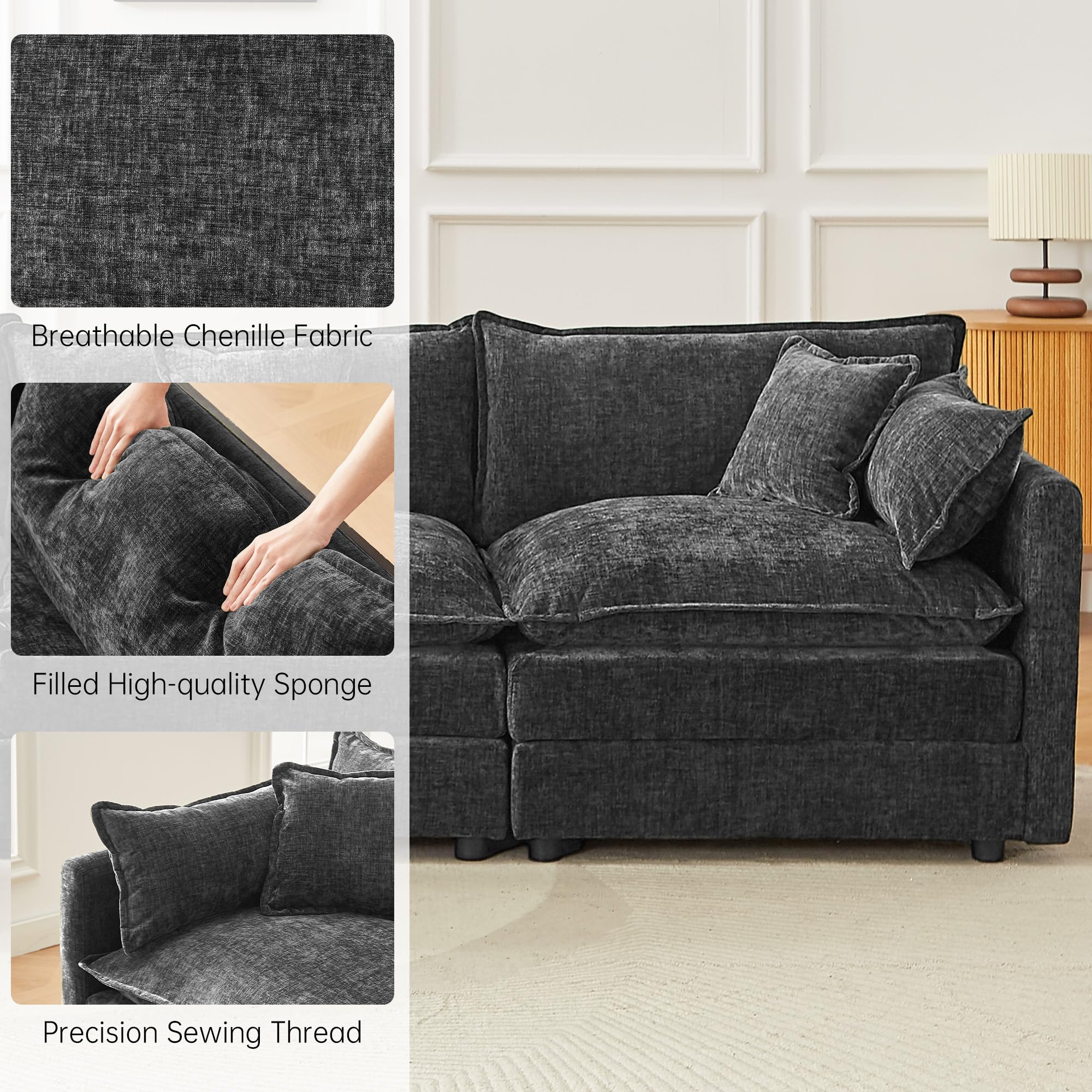 saows Modular Sectional Sofa, 112.2 Inch U Shaped Couch Set with Armrests, 3-Seater Comfy Cloud Couches with Movable Ottoman for Living Room Apartment, Grey: 112&apos;&apos; - U Shape Grey