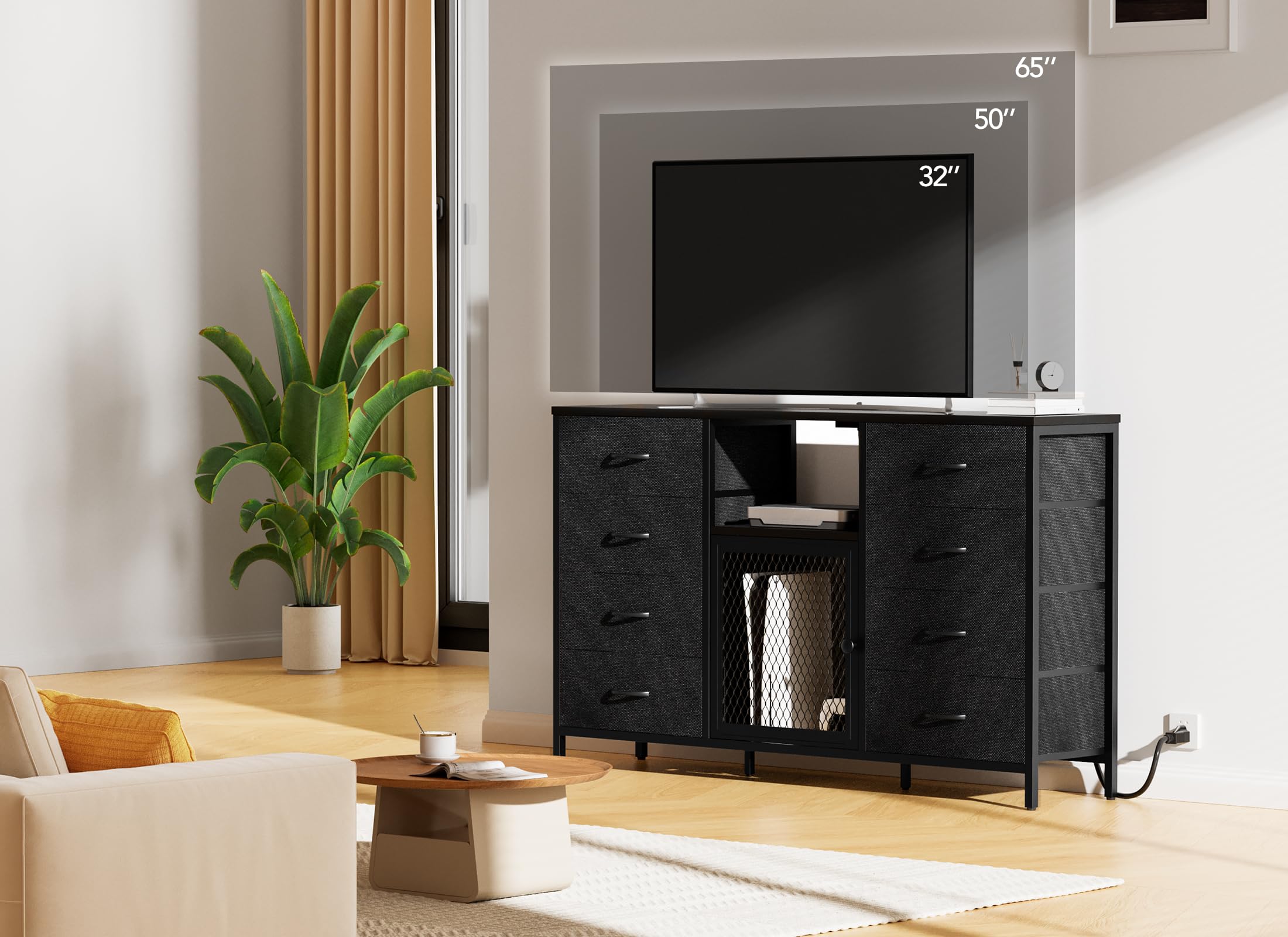 Decofy Dresser for Bedroom with LED Lights and Power Outlets, 8 Drawers TV Stand Dresser for 65 Inch TV, Fabric Chest of Drawers with Open Shelves,  Dressers for Bedroom, Closet: Black