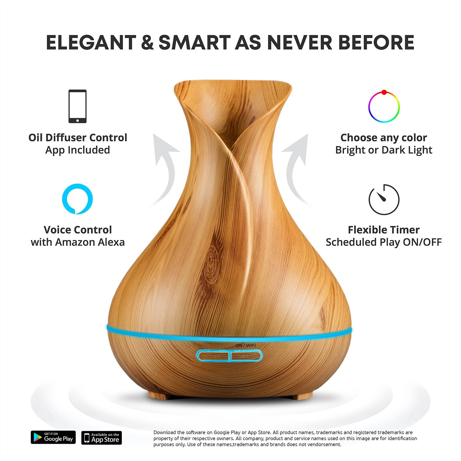Smart WiFi Wireless Essential Oil Aromatherapy 400ml Ultrasonic Diffuser & Humidifier with Alexa & Google Home Phone App & Voice Control - Create Schedules - LED & Timer Settings: Light Brown