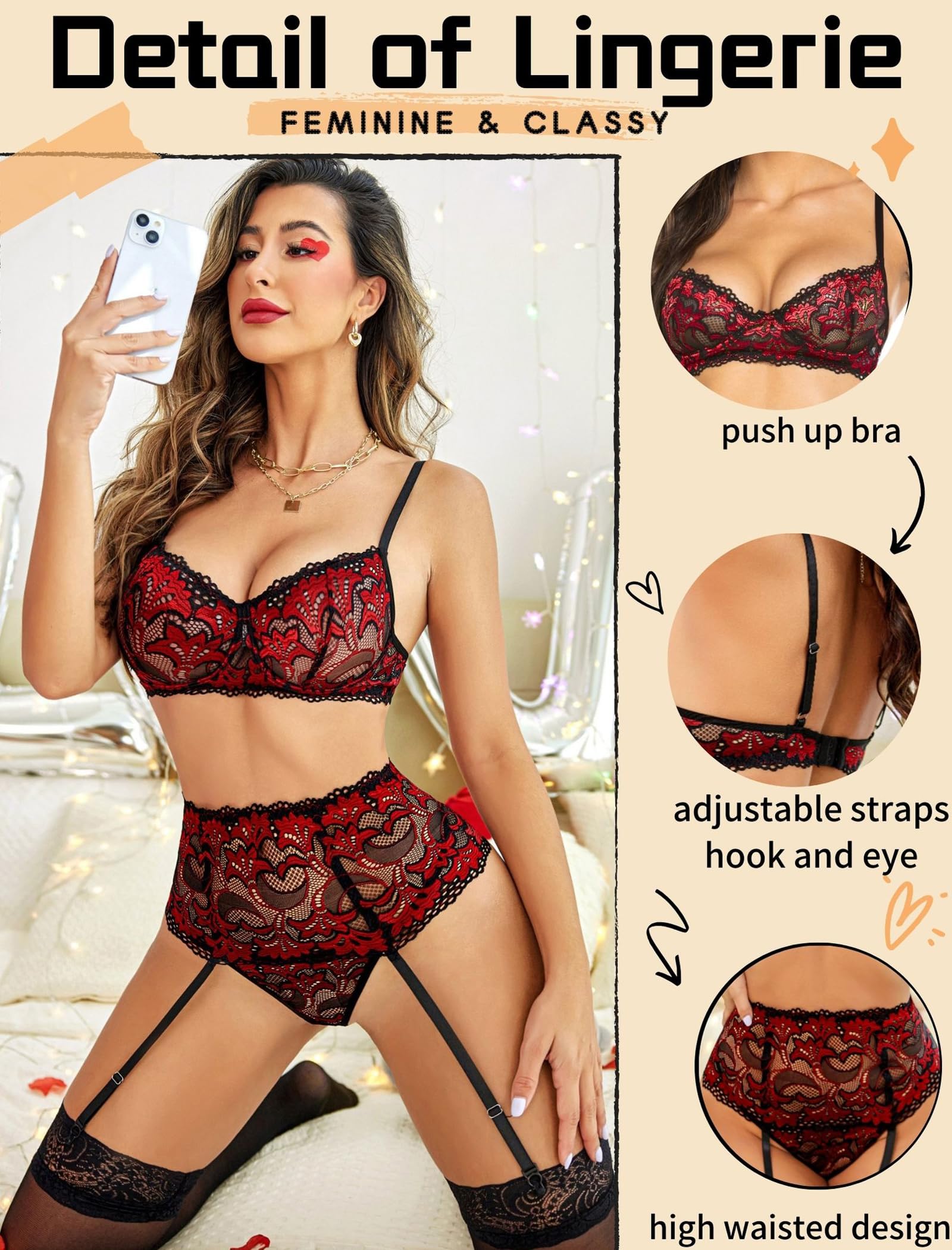 Avidlove Women Lingerie Set High Waisted Underwire Lingerie With Garter Belt Lace Babydoll: Small A-red