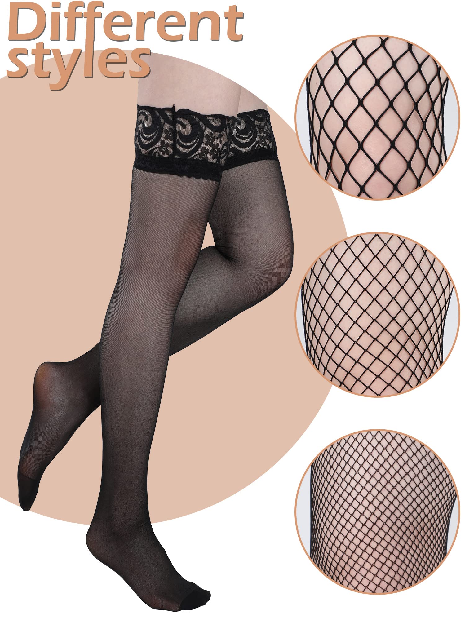 Bencailor 4 Pairs Fishnet Thigh High Stocking for Women Silicone Lace Top Sheer Over Knee Silky Stockings - Image 5