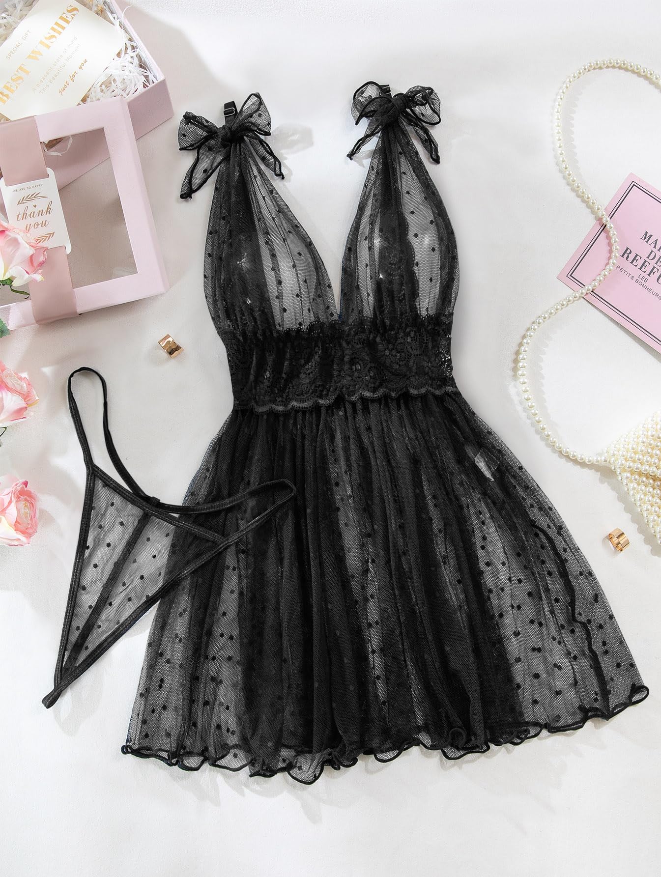 Lilosy Sexy Polka Dots Mesh Sheer Lace Babydoll Chemise Lingerie Set Floral Lace Sleep Wear: 3X-Large Black