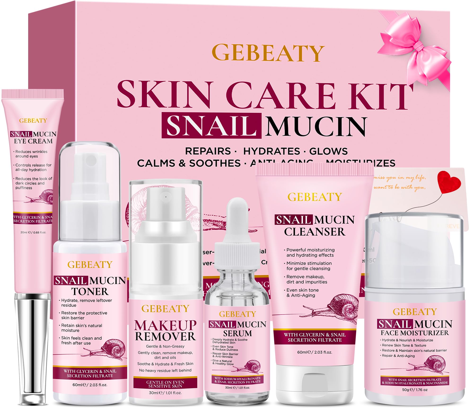 Gifts for Women,Skin Care Set,Anti-aging Moisturizing Repair Soothing Snail Mucin Serum Hydrating Facial Skin Care Routine Kit for Dull Skin & Dry Skin,Travel Skincare Gift Set Teenage Teen Girl Gifts: 6 PCS SET