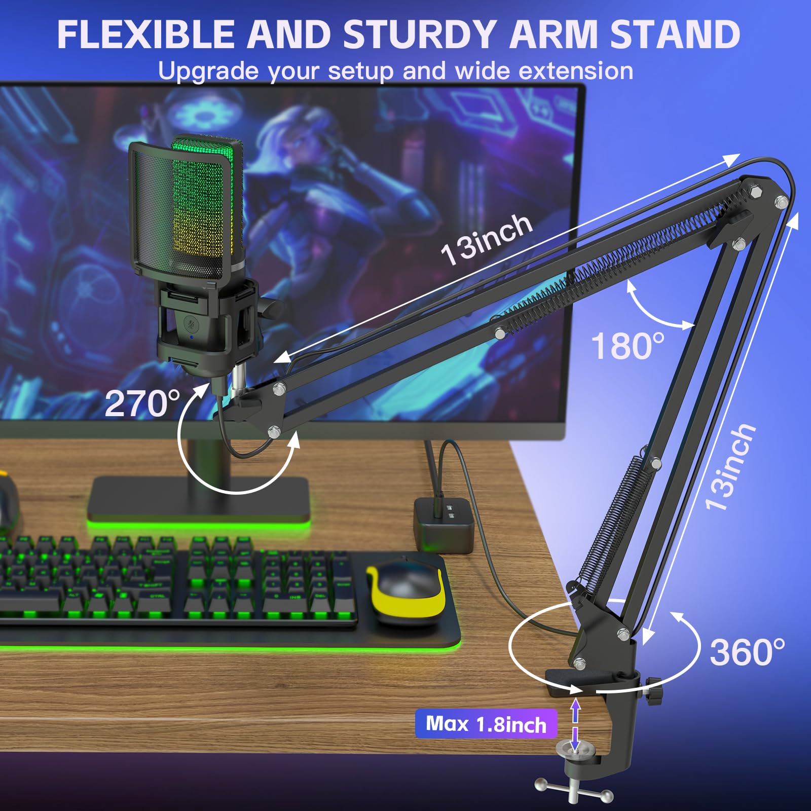 ZealSound Gaming USB Microphone,Noise Cancellation Condenser mic, with Mute,Gain,Monitoring,Boom Arm,Pop Filter for Phone,PC,Computer,PS4,PS5,Mac,Streaming,Podcast,Twitch,YouTube,Discord: RGB Microphone
