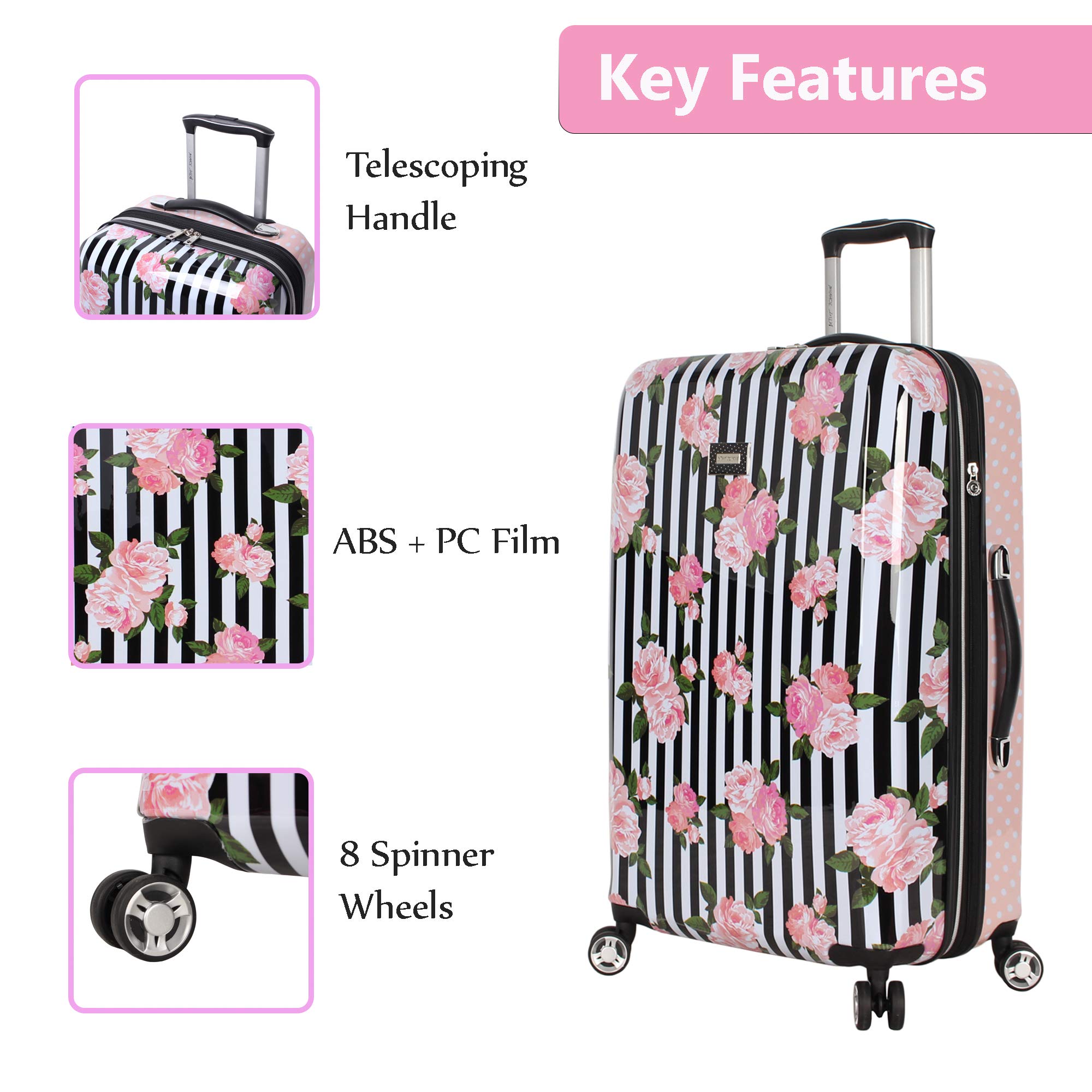 Betsey Johnson Designer Luggage Collection - Expandable 3 Piece Hardside Lightweight Spinner Suitcase Set (): Stripe Roses