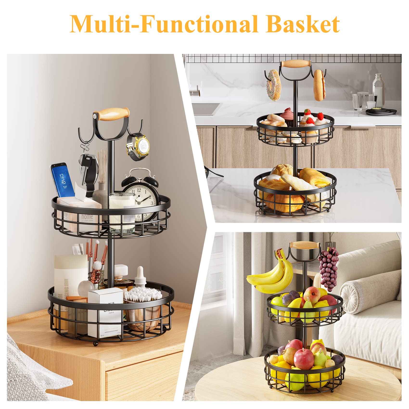 SAYZH 2-Tier Fruit Basket Bowl Vegetable Storage with Dual Banana Tree Hanger and Wood Lift Handle, Kitchen Countertop Metal Wire Basket for Bread Onions Potatoes (Black, 2 Tier) thumbnail 5