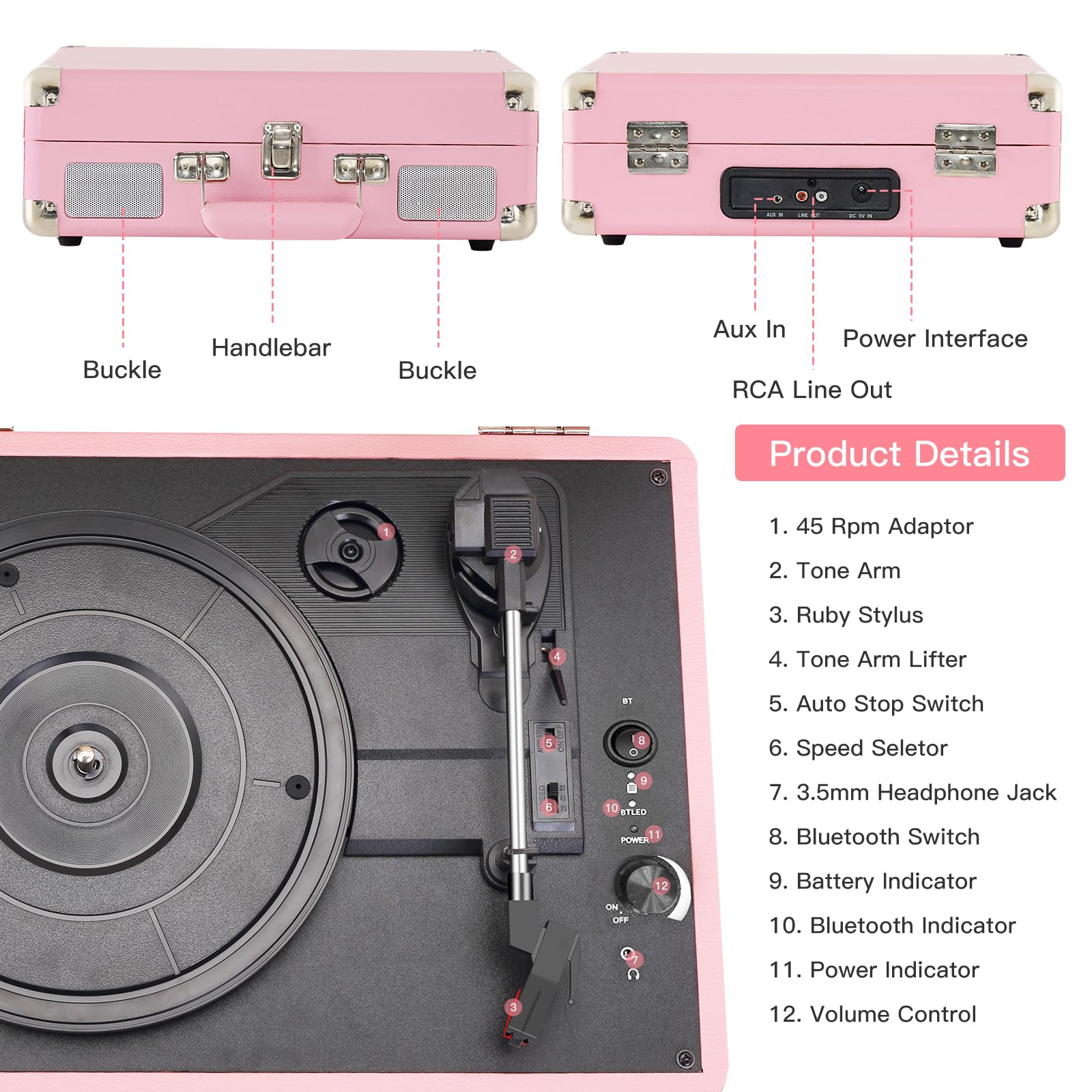 JORLAI Pink Vinyl Record Player 3 Speeds Portable Suitcase Turntable with Built-in Dual Speakers, Bluetooth Gramophone with Built-in Battery 3.5mm Aux Input/RCA Output