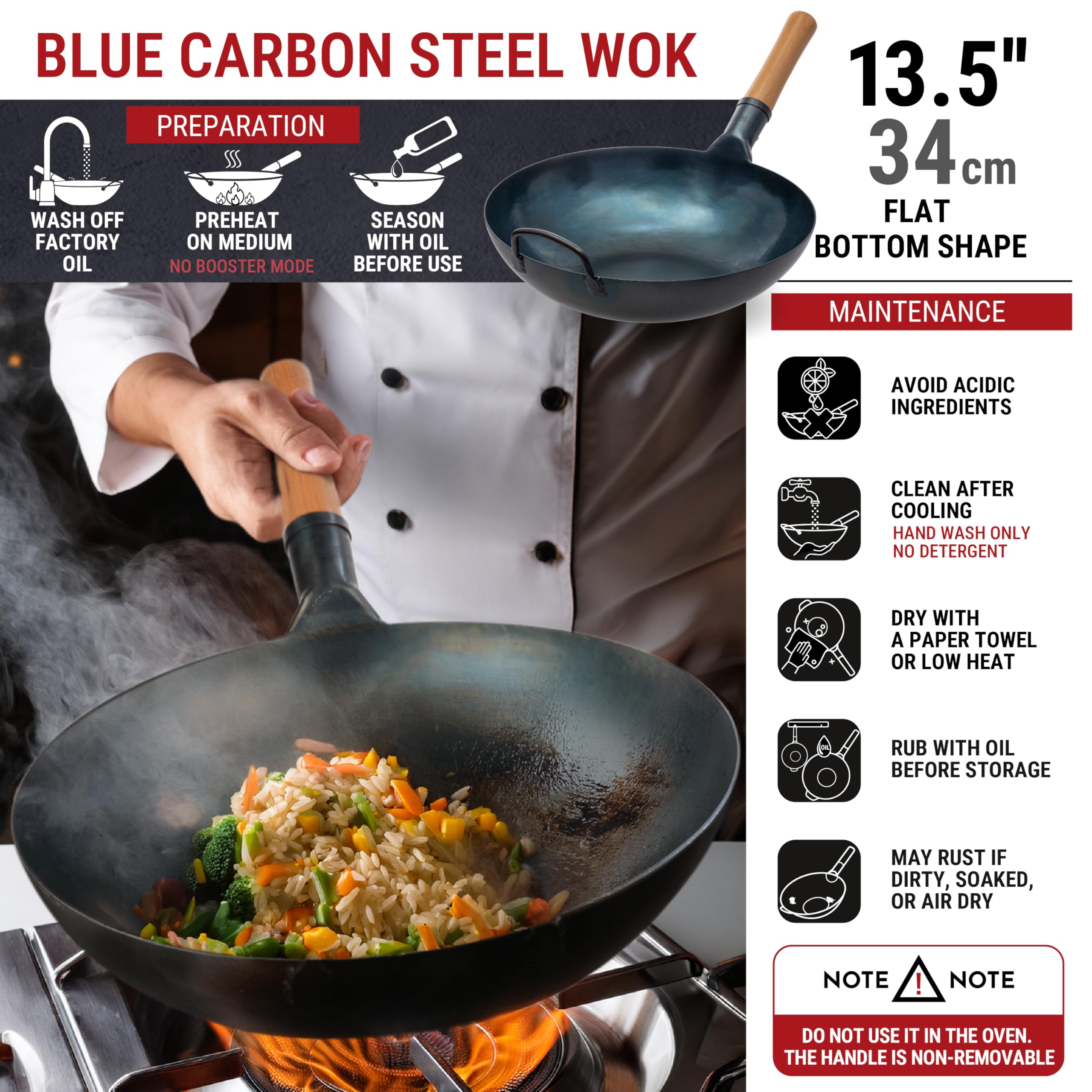 YOSUKATA 14” Round Bottom Carbon Steel Wok Pan – Blue Pre-Seasoned Pow Wok for Stir Fry, BBQ, Grill & Camping – Traditional Japanese & Chinese Cookware – Compatible with Gas Stoves & Open Fire Only: 13.5" Blue
